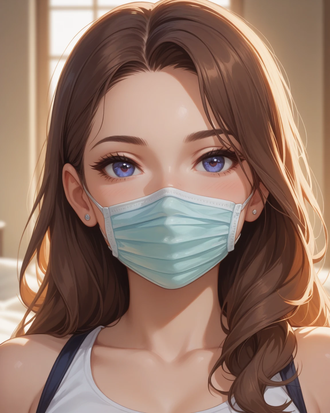 (best quality,4k,highres,masterpiece:1.2),ultra-detailed,(realistic,photorealistic:1.37),portraits,shiny skin,soft skin,white skin,HDR,studio lighting,bokeh,white shirt, see-through shirt,gigantic breasts,huge cleavage,Breasts focus,luscious cleavage, messy red hair, surgical mask white mask, by alphonse mucha, greg rutkowski, WLOP, sakimichan, george kamitani, akira yasuda, ilya kuvshinov, william-adolphe bouguereau, oil on canvas, oil painting, intricate details, sharp focus