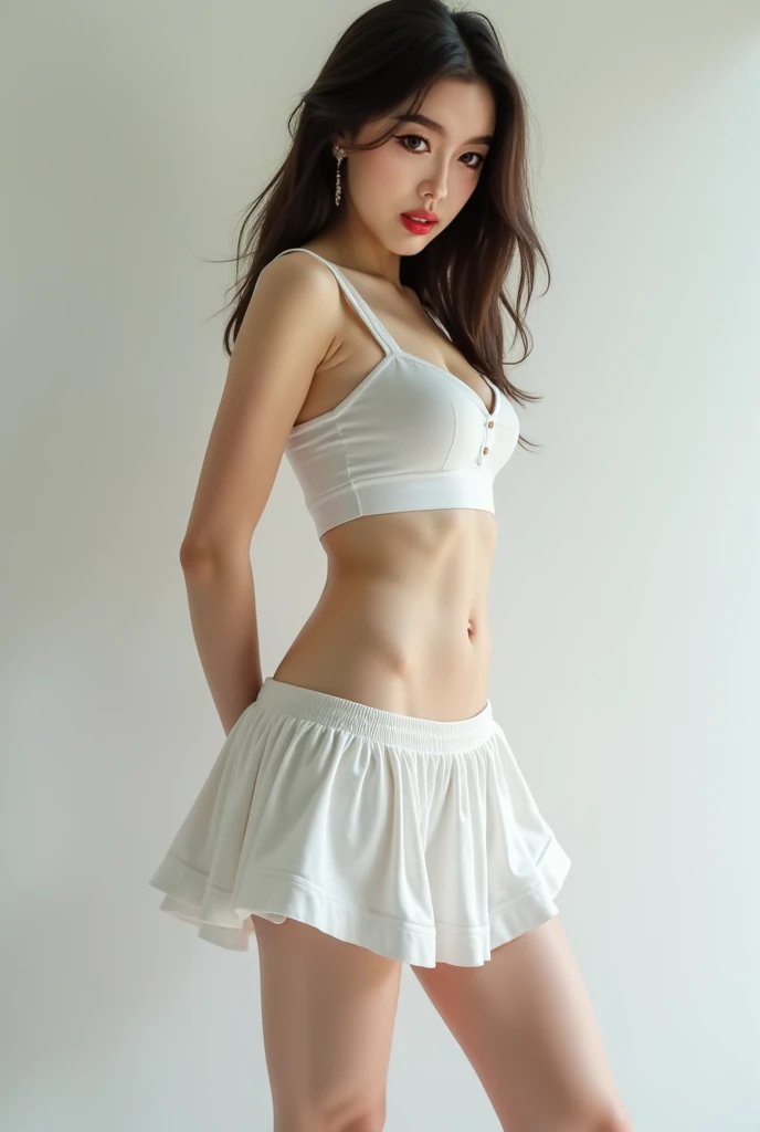 Arafed woman in skirt posing dressing room of women's clothing store, wearing white skirt, white skirt and bare chest, white skirt, MiniWhite skirt, tight suit, wears sexy crop top, wears crop top and miniskirt, half transparent white skirt, fitted garment , wears simple, tight clothes, Ava Max, her navel exposed, blonde goddess