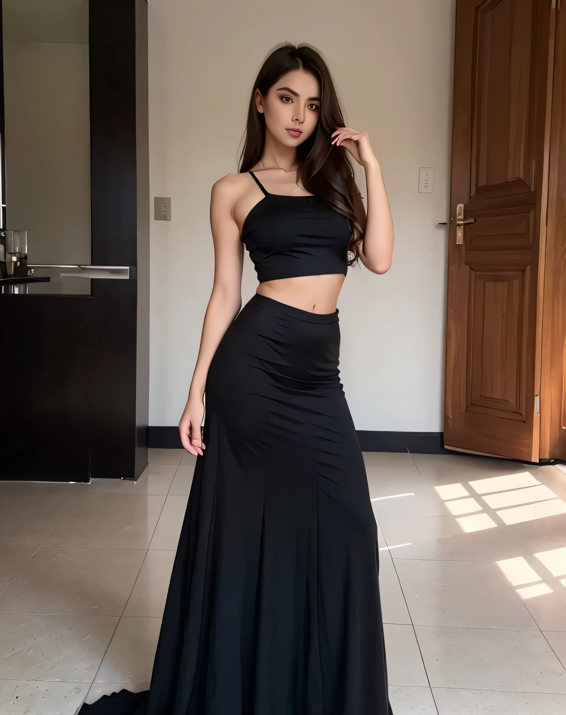 beautiful western lady，Big eyes and lines，Standing in front of the villa wearing sexy sportswear