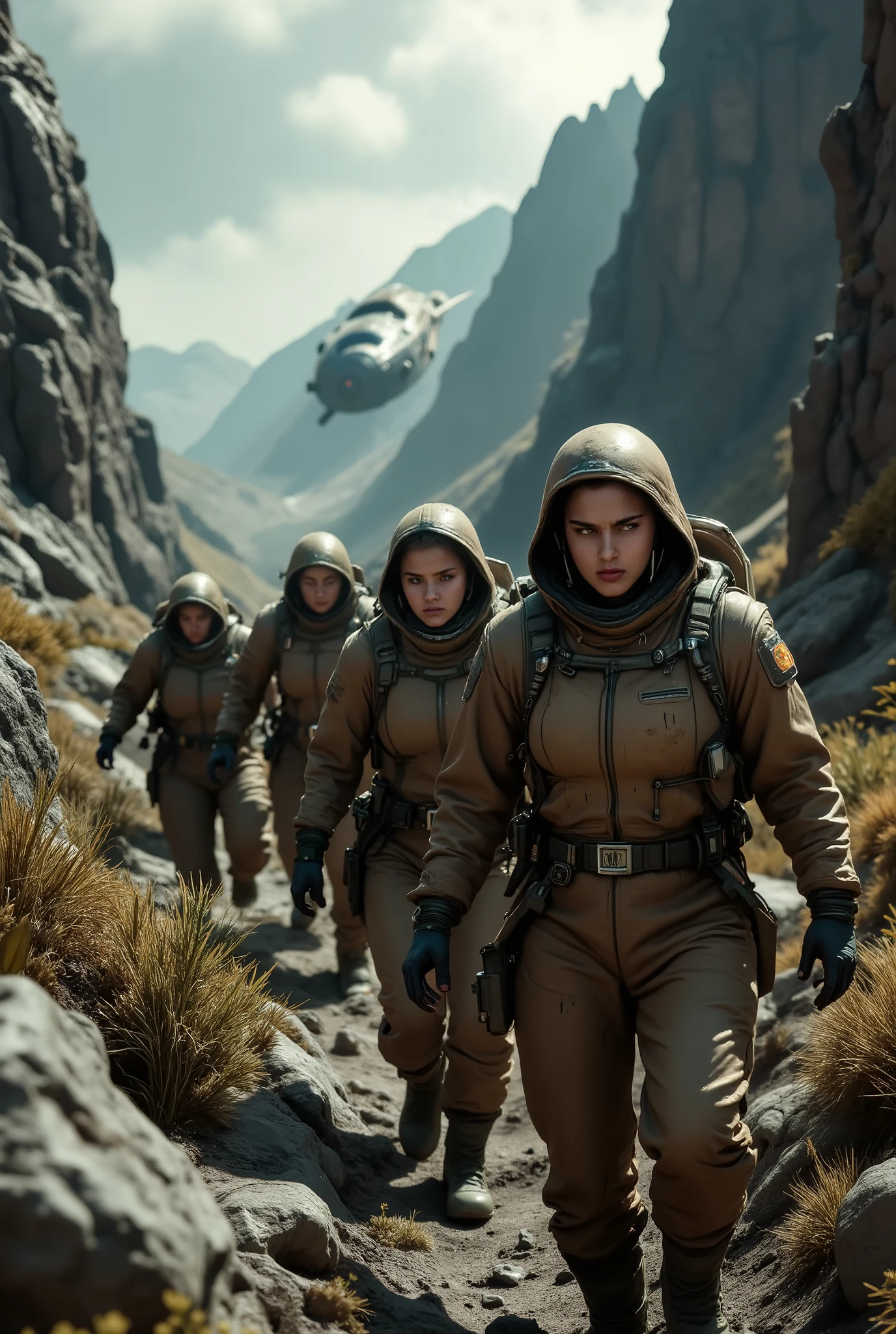 a group of space colonists walking along a mountain path, frowning, concentrated faces, battered dirty overalls, a spaceship crashed in the valley, hand made art, hyperrealism