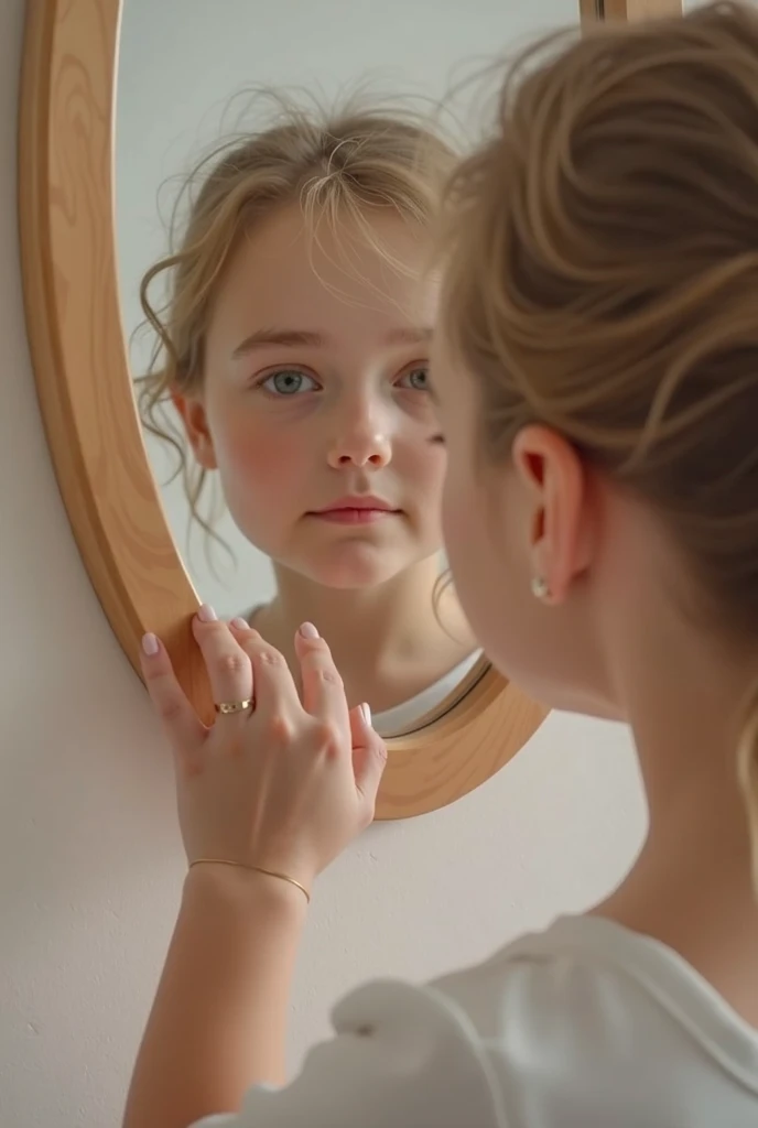 a 10 year old white girl with dark brown eyes and long wavy blonde hair taking a selfie, photo in the mirror 