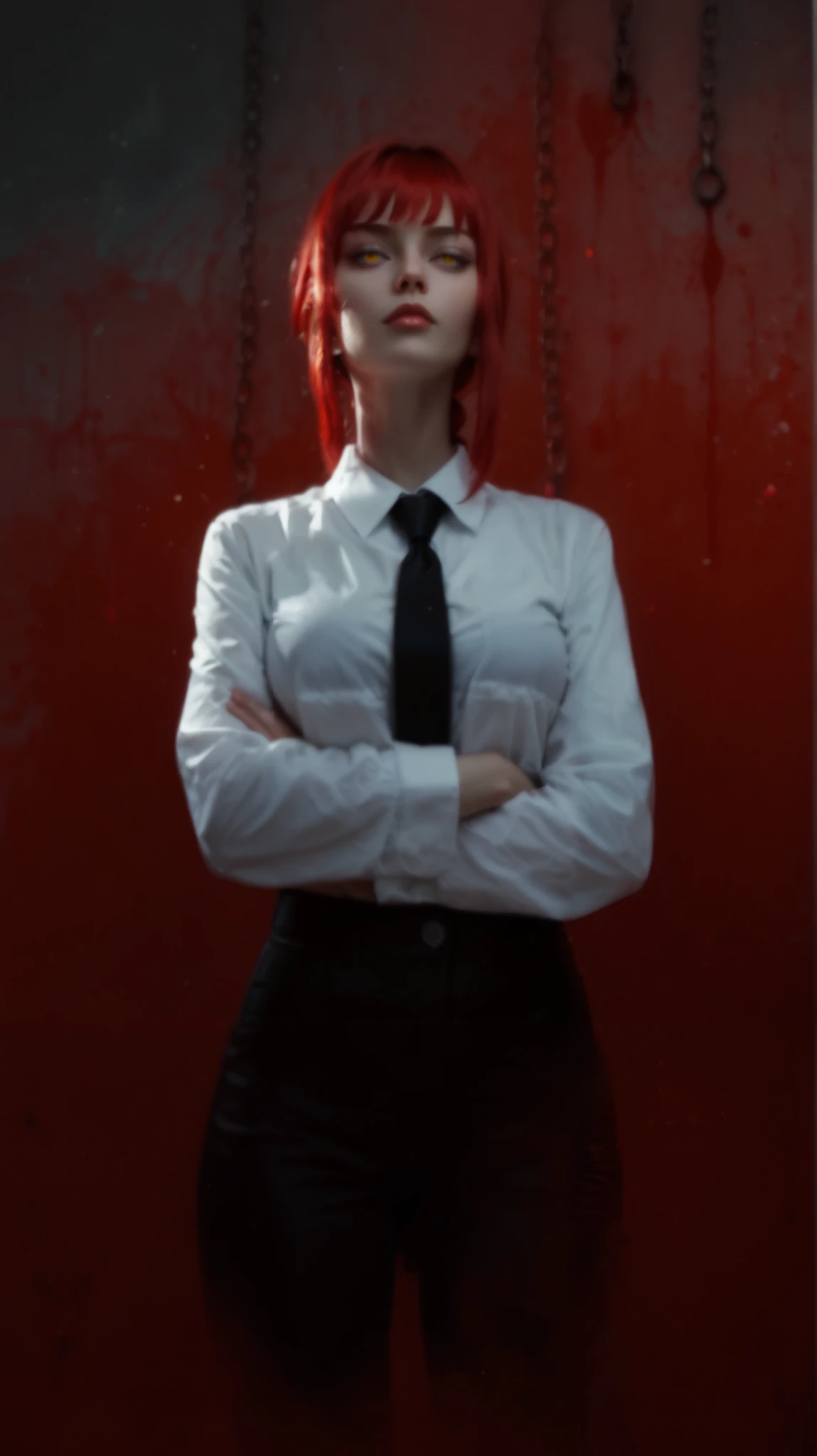 masterpiece,best quality,extreme detail,8k,makima2,1girl,solo,red hair,yellow eyes,ringed eyes,braided ponytail,With jacket: shirt,long sleeves,jacket,white shirt,necktie,collared shirt,pants,black jacket,black pants,formal,suit,black necktie,shirt tucked in, silver chains, chains with blood, chains