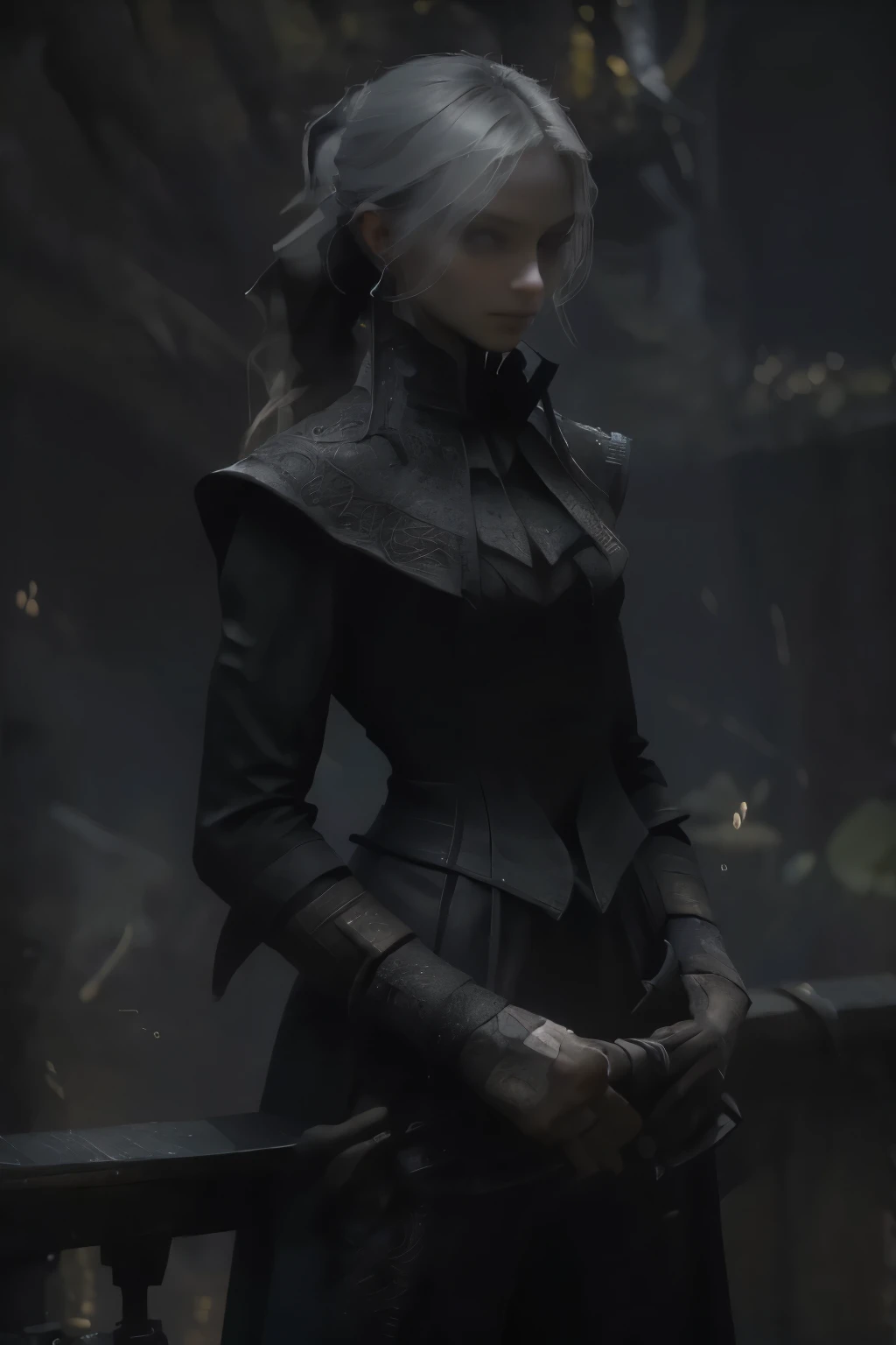 ((best quality)), ((masterpiece)), (detailed), score_9, score_8_up, score_7_up, score_6_up, (1girls), a female occultic knight, witch, knight, wielding a rapier-like sword, perfect face (((mastepiece, of the highest quality, super detailed))), photorealistic, Dark fantasy art, dark fantasy, ((gothic art)), ((Bloodborne inspired)), (Victorian era inspired), (Brotherhood Of The Wolf inspired), (typical witches hat sharing design features of a hunter's cap), (leather trousers with buckles and belts), (occultic vibe), (cosmic horror vibe), (occultic military uniform), (military witch), ((intricate and beautiful cloth and leather clothing)), ((thigh high strapped leather boots)), ((complex buckled leather boots)), (regal and elegant, a person of great social importance), ((mature, foreboding atmosphere)), ((dark and gloomy)), ((((Highly detailed face)))), small thin nose, Small thin lips mouth, (((Very sharp focused eyes))), ((perfect symmetrical beautiful eyes)). looking here, (resolved expression), (resolute expression), (sad face), beautiful (((very small breasts))), (((little ))), (((tiny breasts))), (((flat chest:0.1))), (((very tiny ))), (((very flat chested))), ((brunette)) hair, ((long ponytail, thick ponytail, heavy ponytail)), very long eyelashes, soft lighting