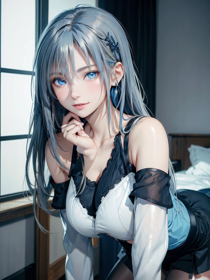 {{masterpiece}},{{highest quality}},enlightenment,1 perfect portrait of a girl, A fascinating eye for perfect detail), colorful hair,(gradient hair), (Blue soft hair),(cat ears),Long and slim body type, fantasy background, {exposed bare shoulders},{long-term alienation_sleeve}, {lean forward a little}, If you look up,hair ornaments,{shy},please shut your mouth, head tilt,{small breasts} ,movie lighting,oversized clothes, ((seductive pose)), (Holding a dog:1.6)