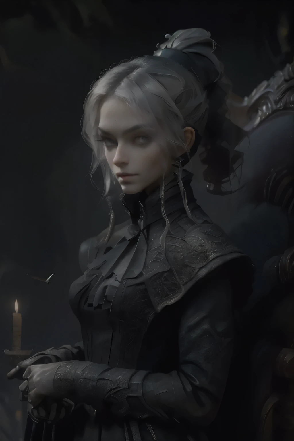 ((best quality)), ((masterpiece)), (detailed), score_9, score_8_up, score_7_up, score_6_up, (1girls), a female occultic knight, witch, knight, wielding a rapier-like sword, perfect face (((mastepiece, of the highest quality, super detailed))), photorealistic, Dark fantasy art, dark fantasy, ((gothic art)), ((Bloodborne inspired)), (Victorian era inspired), (Brotherhood Of The Wolf inspired), (typical witches hat sharing design features of a hunter's cap), (leather trousers with buckles and belts), (occultic vibe), (cosmic horror vibe), (occultic military uniform), (military witch), ((intricate and beautiful cloth and leather clothing)), ((thigh high strapped leather boots)), ((complex buckled leather boots)), (regal and elegant, a person of great social importance), ((mature, foreboding atmosphere)), ((dark and gloomy)), ((((Highly detailed face)))), small thin nose, Small thin lips mouth, (((Very sharp focused eyes))), ((perfect symmetrical beautiful eyes)). looking here, (resolved expression), (resolute expression), (sad face), beautiful (((very small breasts))), (((little ))), (((tiny breasts))), (((flat chest:0.1))), (((very tiny ))), (((very flat chested))), ((brunette)) hair, ((long ponytail, thick ponytail, heavy ponytail)), very long eyelashes, soft lighting