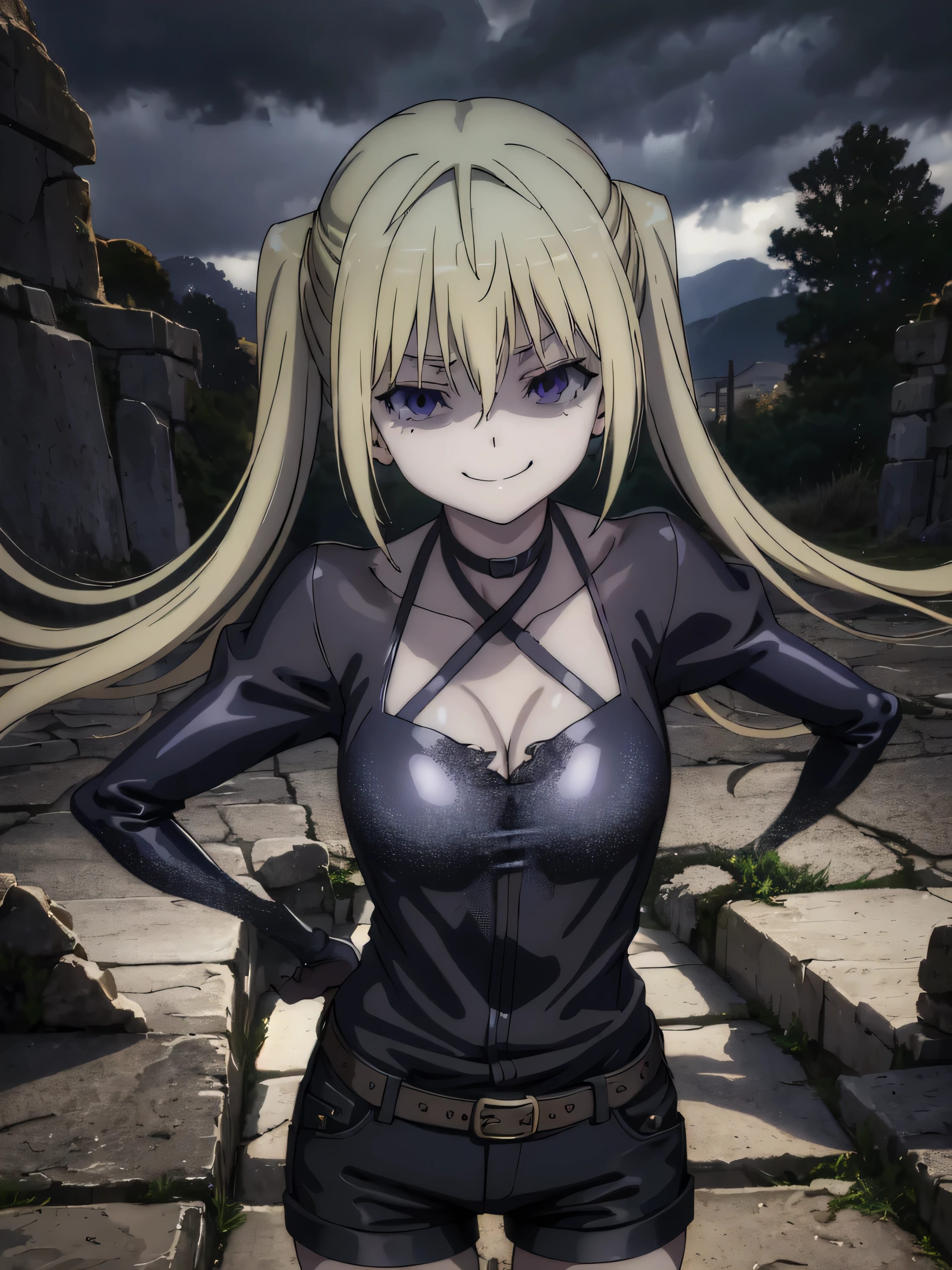 (masterpiece, best quality), 1girl, lieselotte sherlock,high quality, extremely detailed, perfect face,(dark and stormy skies, lightning)(masterpiece:1.0),(Highest_quality:1.0), 超High resolution,4k,Super detailed, photo shoot, 8K, HDR, High resolution, disorganized:1.2, twintail,grin,looking at the viewer,latex,elbow gloves,,, ,official art,short pants,(beautiful_face:1.5),(narrow_waist),,Highly detailed CG Unity 8K wallpaper, perfect lighting,smug,