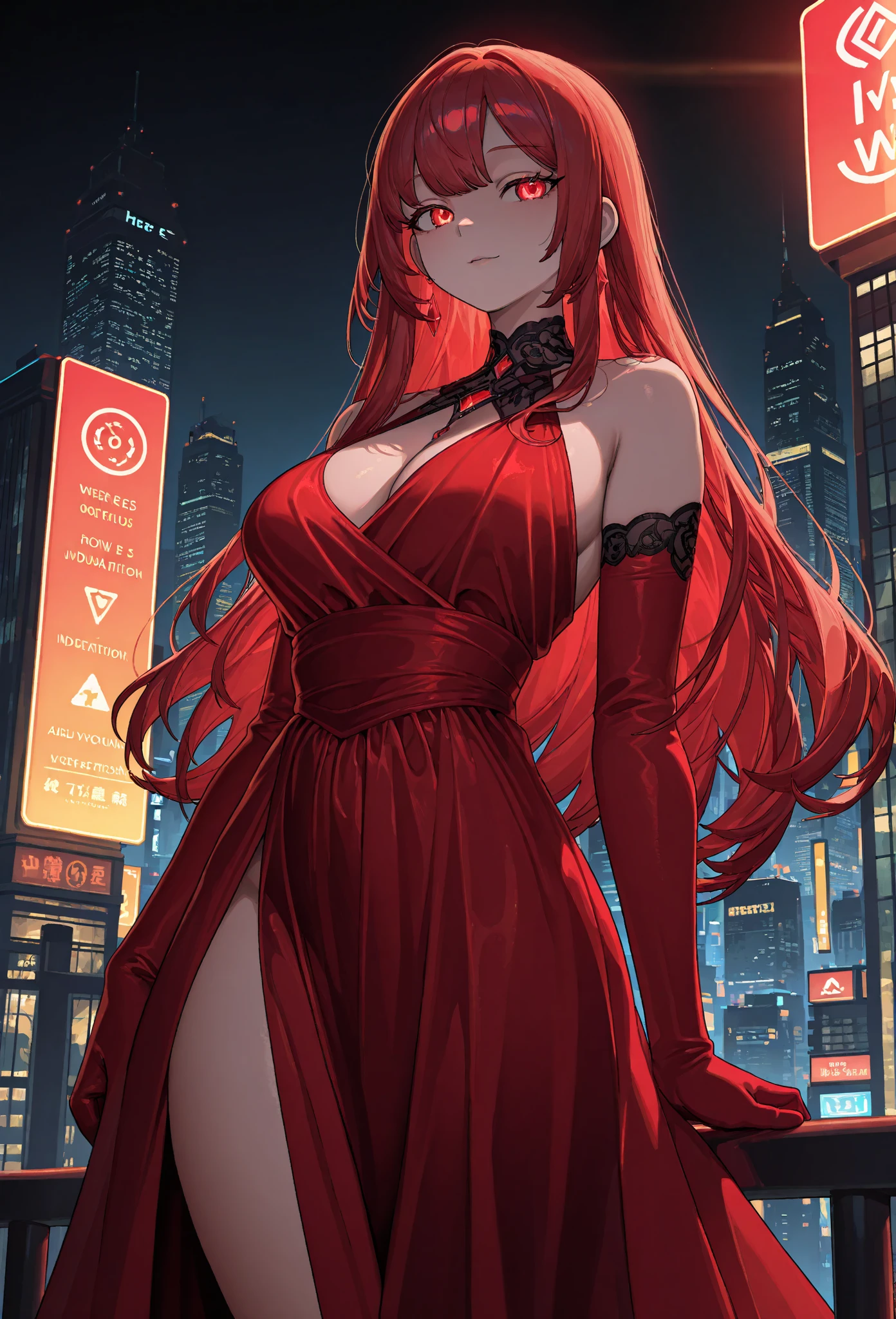 Woman long red hair green eyes big breast ruined skyscraper