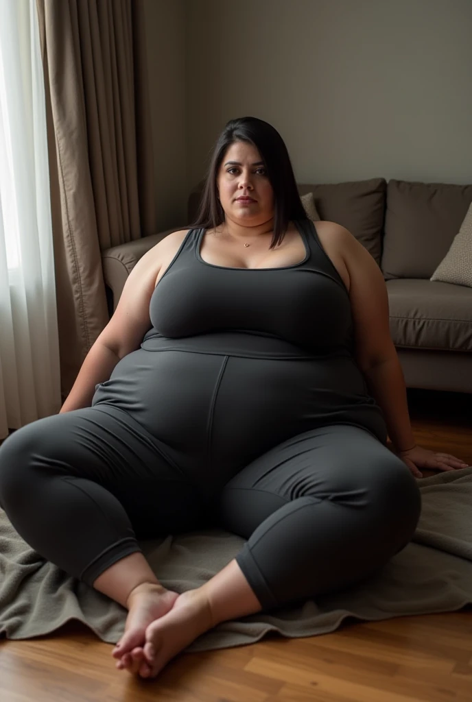 Obese woman, gorgeous face, messy bun hair with bangs, tight t-shirt, yoga pants, sitting on a couch, she spreads her legs to let her belly hang