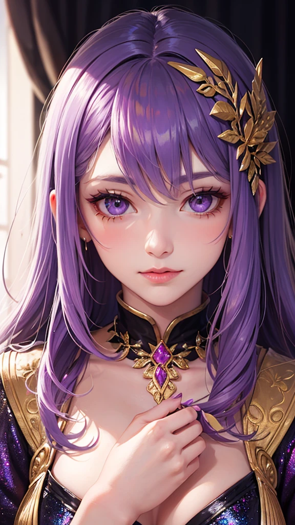 a high resolution, 1 girl, long hair, purple hair, looks at the viewer, Jewelry, purple eyes, earrings, beautiful red ball gown, Shine, luxury staircase background, Close-up, dynamics