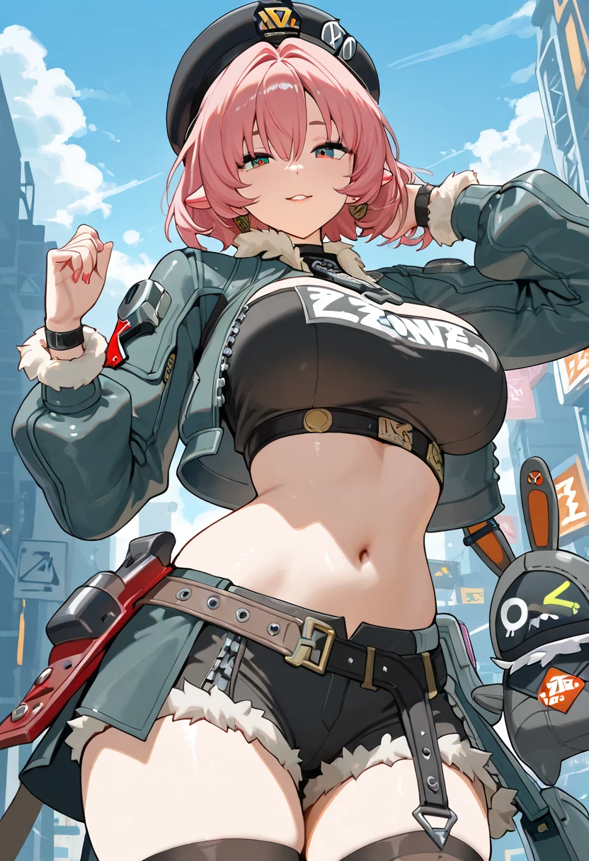 an attractive woman, naked girl, no shirt, no Jacket, no underwear, super sonico, , solo,  cowbell on collar, pink hair, huge breasts, her chest overflows through her clothes, Pose that shows off the armpits, raise her elbows higher than her head,, squat, large hip, short bob hair, navel, blush, spread legs, dark red eyes, looking at viewer, cleavage, Laughter, white and black cow pattern long gloves, white and black cow pattern stocking, white and black cow pattern bikini, Elbows are in a high position, Soaked in milk ,whole body, blue sky background, Plump, Backlit, dark shadow, Composition looking up from the ground, fisheye lens effect, Composition looking up from a close distance