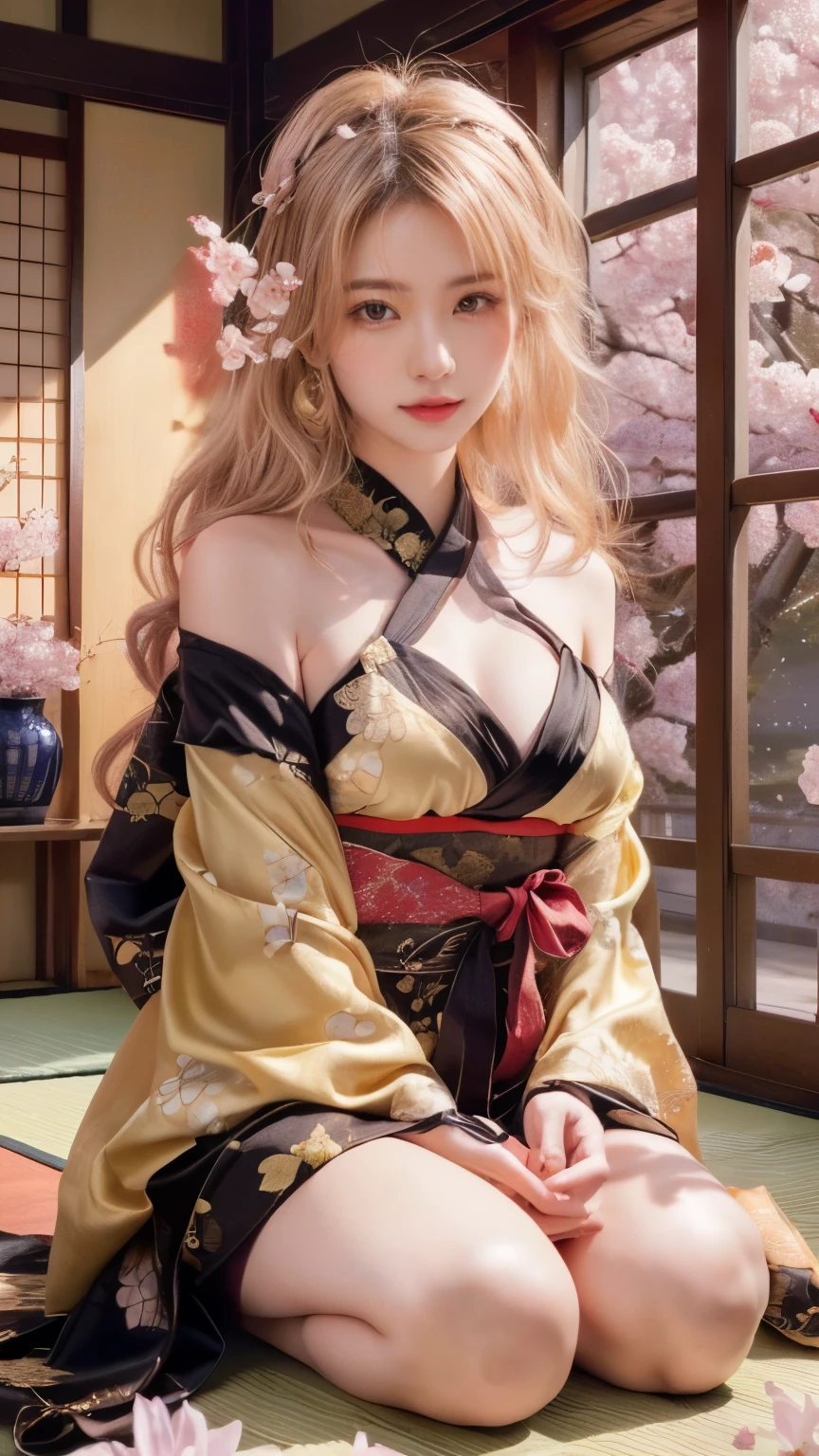 ((ultra-realistic, hyper-detailed, photorealistic:1.5)), A breathtakingly beautiful young woman sitting in a traditional Japanese room, spring atmosphere, sakura blossoms visible through the shoji window. She has long, wavy pink hair with soft curls, adorned with golden hairpins and delicate floral ornaments. Her deep crimson eyes gaze directly into the camera with a gentle and alluring expression. Her fair, flawless skin appears radiant under the warm sunlight.
She is wearing an exquisite kimono-inspired dress with a deep neckline, black and gold fabric featuring intricate golden embroidery of cherry blossoms. A red sash with elegant knots and floral details wraps around her waist. The fabric shimmers under the soft light, showing the finest silk texture.
She sits gracefully in a traditional seiza posture, her hands resting gently on her lap. She wears delicate golden earrings, complementing the refined and sophisticated style. Her makeup is subtle yet enhances her delicate facial features, with soft pink lips and a gentle blush.
The background is a serene and beautifully lit traditional Japanese interior, featuring sliding shoji doors and wooden flooring. Through the open shoji panels, a breathtaking view of fully bloomed cherry blossoms can be seen, petals floating in the air. The sunlight filters through the sakura branches, casting a warm and dreamy ambiance over the entire scene.
((8K, high-resolution, cinematic lighting, soft focus on background, perfect skin texture, lifelike details, highest quality, masterpiece, UHD, film-style realism))