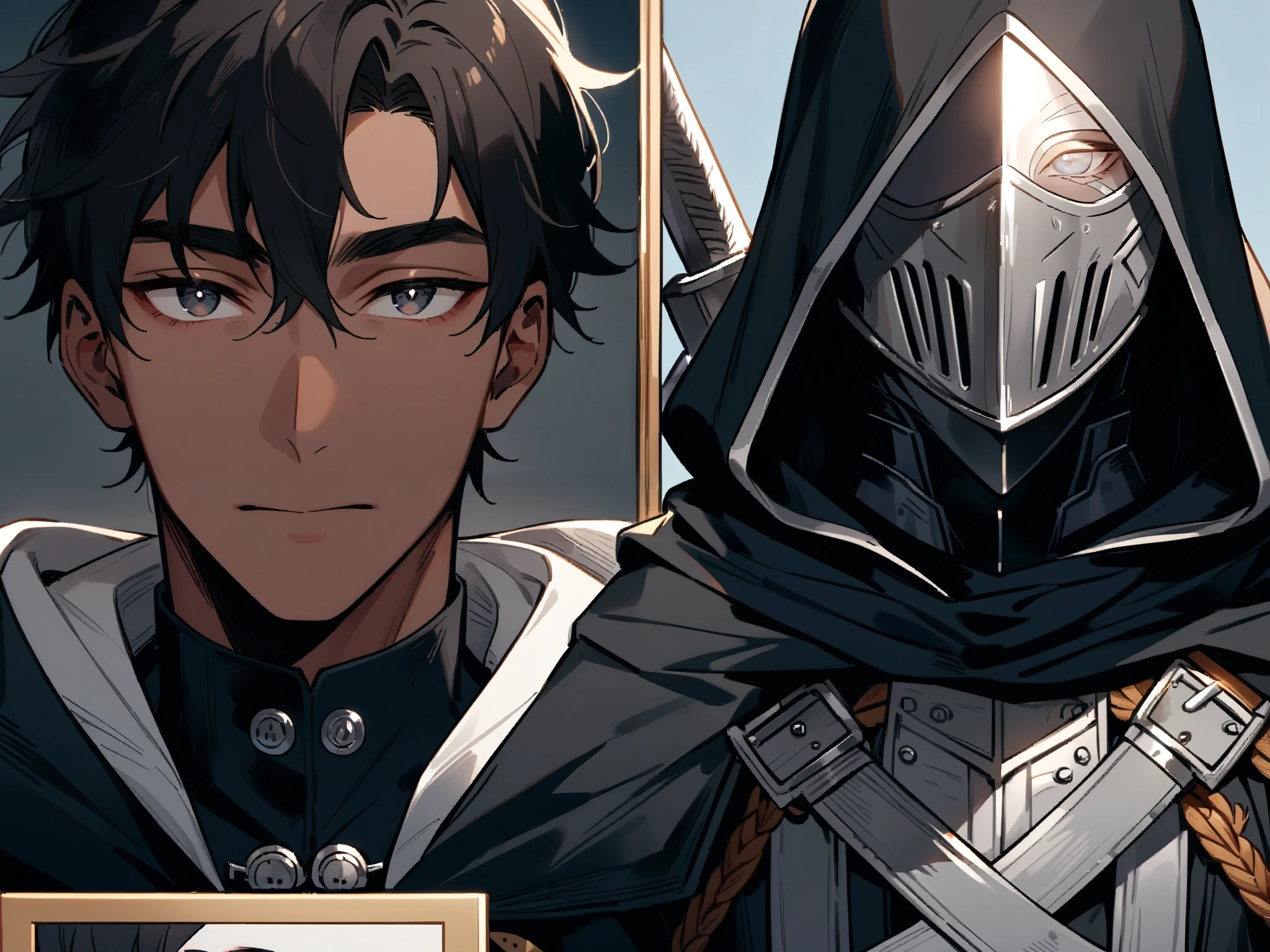 23-year-old Colombian man, isekai, brown skin and slim build. dark hair, black eyes, isekai, He wears light black armor with metal plates, dark cape with hood and metal mask that covers the entire face, masked . His eyes shine under the shade, his sword hangs on his side, black and white manga, joining an adventurer's guild,
