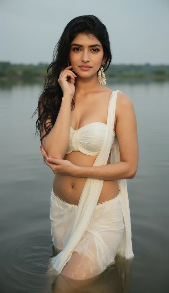 daytime view, heavy milk rain, (rainy:1.5), wet hair:1.5, wet cloths:1.5, wet body:1.5, wet face:1.5, close up shot of vedhika from front view, wearing white saree with red border, in a milk pond, look at viewer, smile, big and curvy cheeks, hourglass figure, sexy navel, swooping breasts, ponytail, necklace, (cinematic:1.3), intricate details , (ArtStation:1.2)