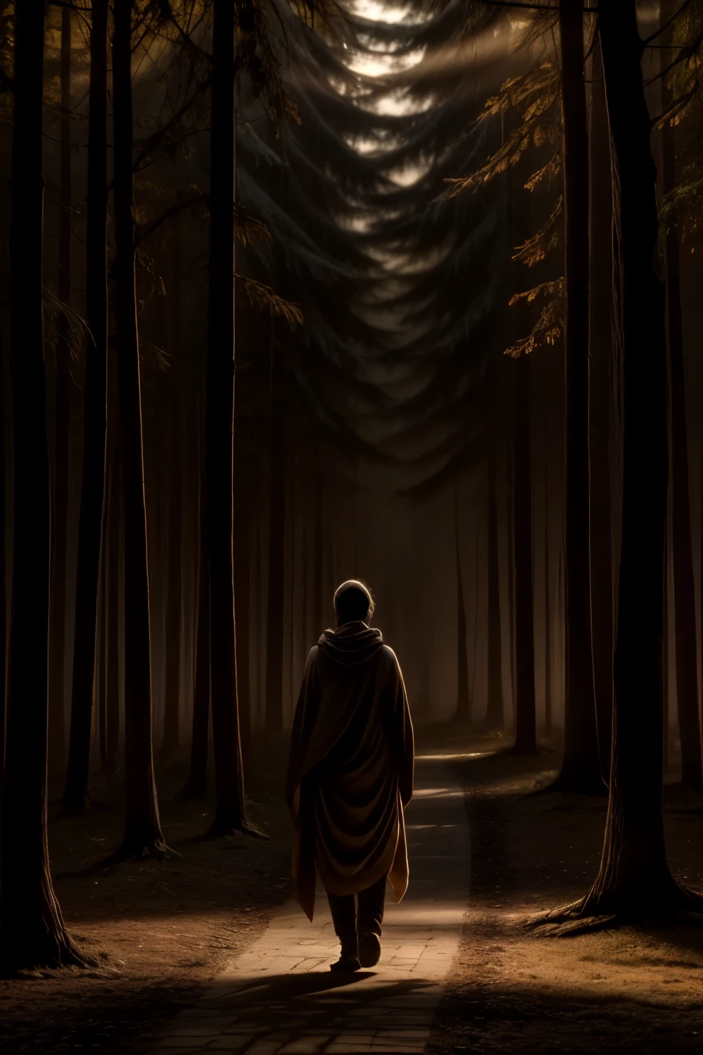 A warm glow emanates from within, illuminating a serene path through a misty forest. A lone figure, silhouetted against the soft luminescence, walks in contemplative silence, their gentle footsteps weaving through the foggy veil as the guiding light above casts an ethereal ambiance.