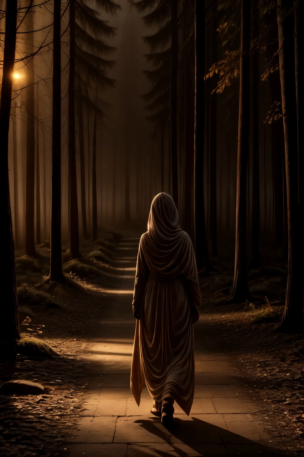 A warm glow emanates from within, illuminating a serene path through a misty forest. A lone figure, silhouetted against the soft luminescence, walks in contemplative silence, their gentle footsteps weaving through the foggy veil as the guiding light above casts an ethereal ambiance.