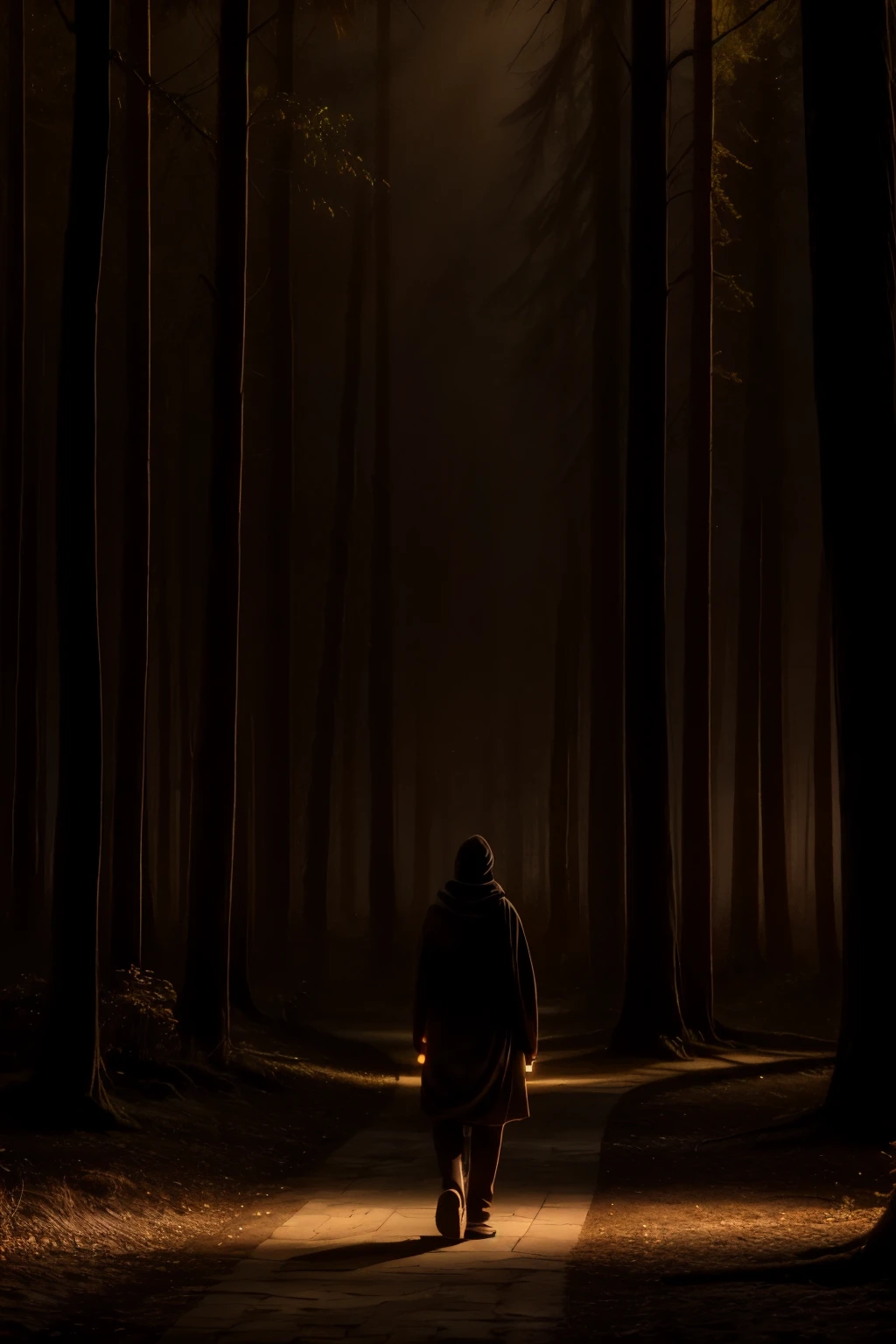 A warm glow emanates from within, illuminating a serene path through a misty forest. A lone figure, silhouetted against the soft luminescence, walks in contemplative silence, their gentle footsteps weaving through the foggy veil as the guiding light above casts an ethereal ambiance.