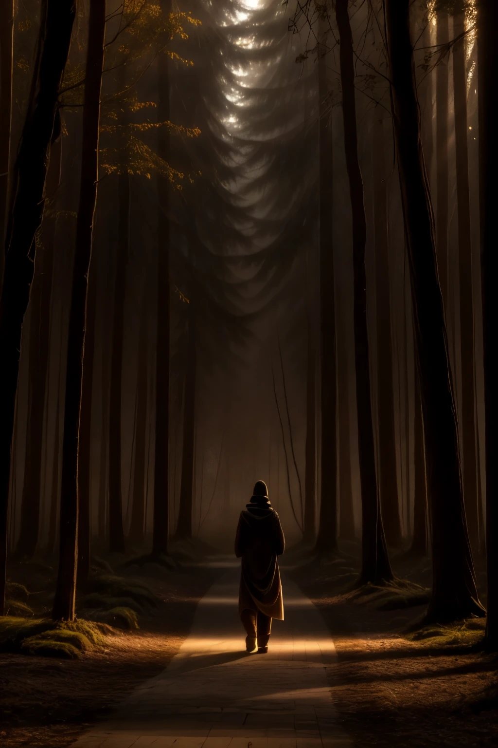 A warm glow emanates from within, illuminating a serene path through a misty forest. A lone figure, silhouetted against the soft luminescence, walks in contemplative silence, their gentle footsteps weaving through the foggy veil as the guiding light above casts an ethereal ambiance.