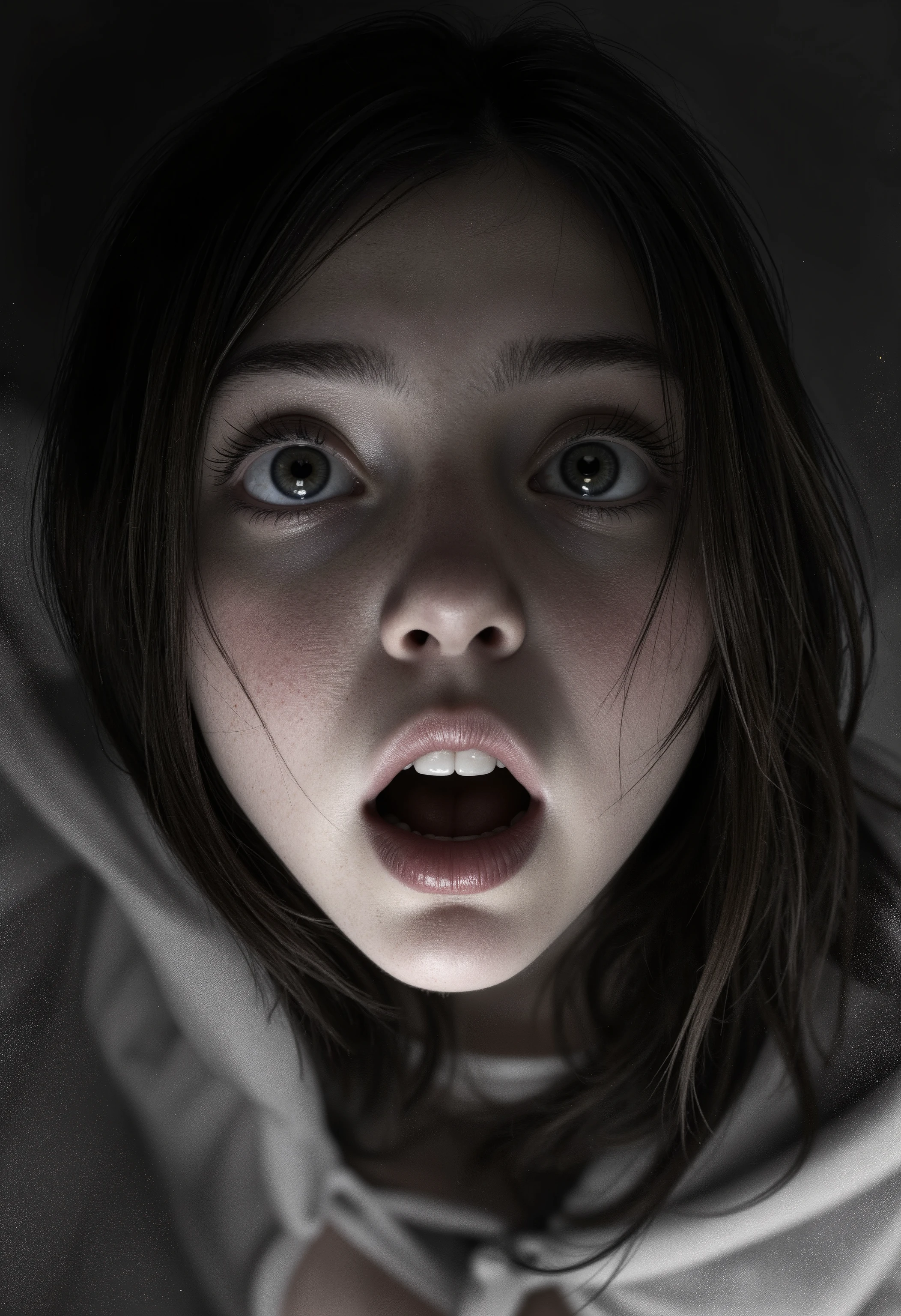 ( masterpiece , The best quality :1.2), 1 girl, Alone,pen_shadow, close up of the face, Scared, surprised, from above, Look at the viewer, pen_shadow on face, against the light