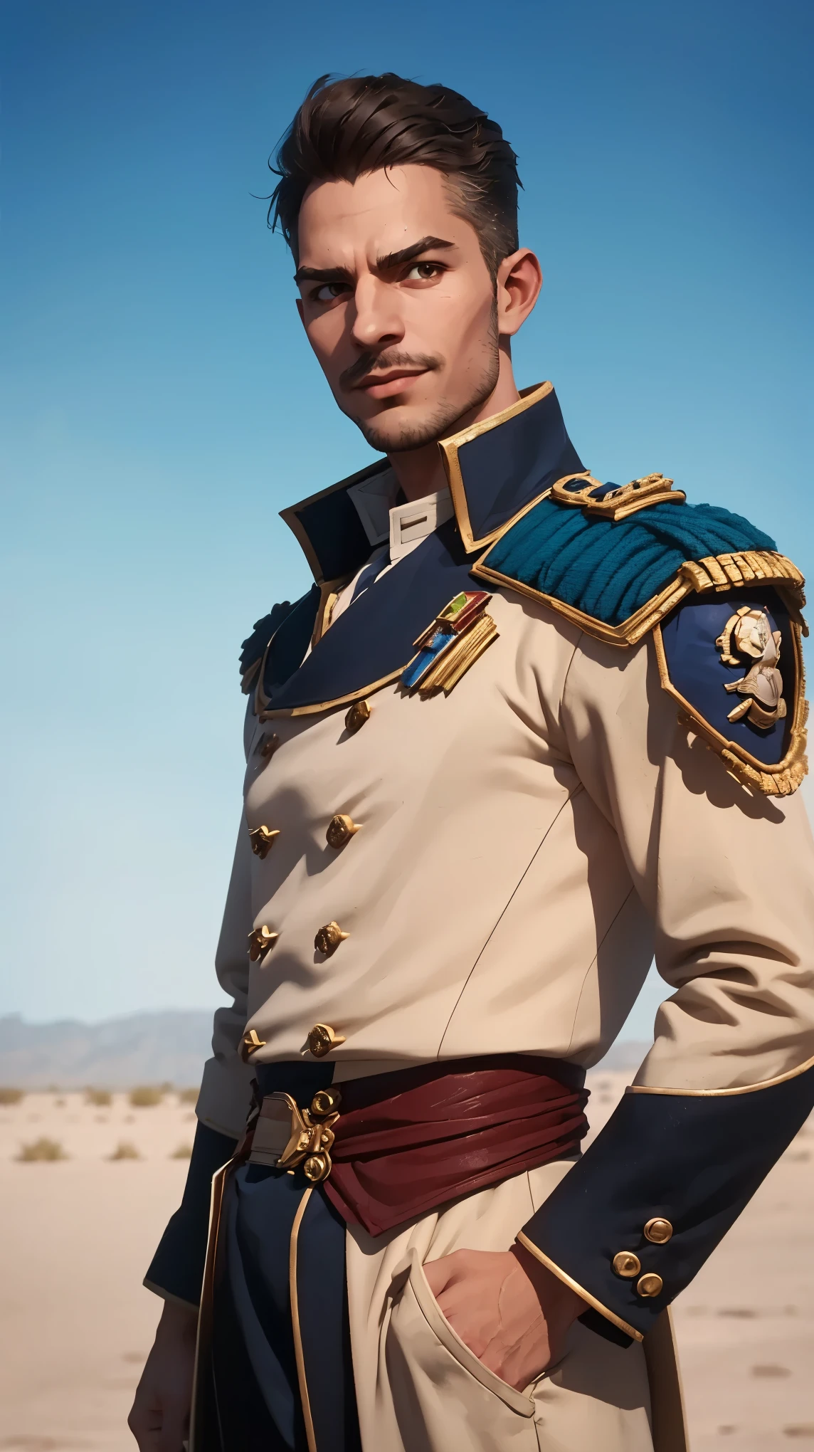 1guy, professional photo of pat32, (wearing blue European hussar outfit, (hussar, pelisse)), perfect brown eyes, upper body shot low lighting, moody, large depth of field, warhammer 40k, deep depth of field, highly detailed, warhammer_40k_commissar, (bright, good lighting, bright frontal light), three quarter shot, frontal image, standing in open desert terrain, sun, blue sky, looking to right, (upper body portrait), ((soft light illuminating face)), confident, manly, slight smile