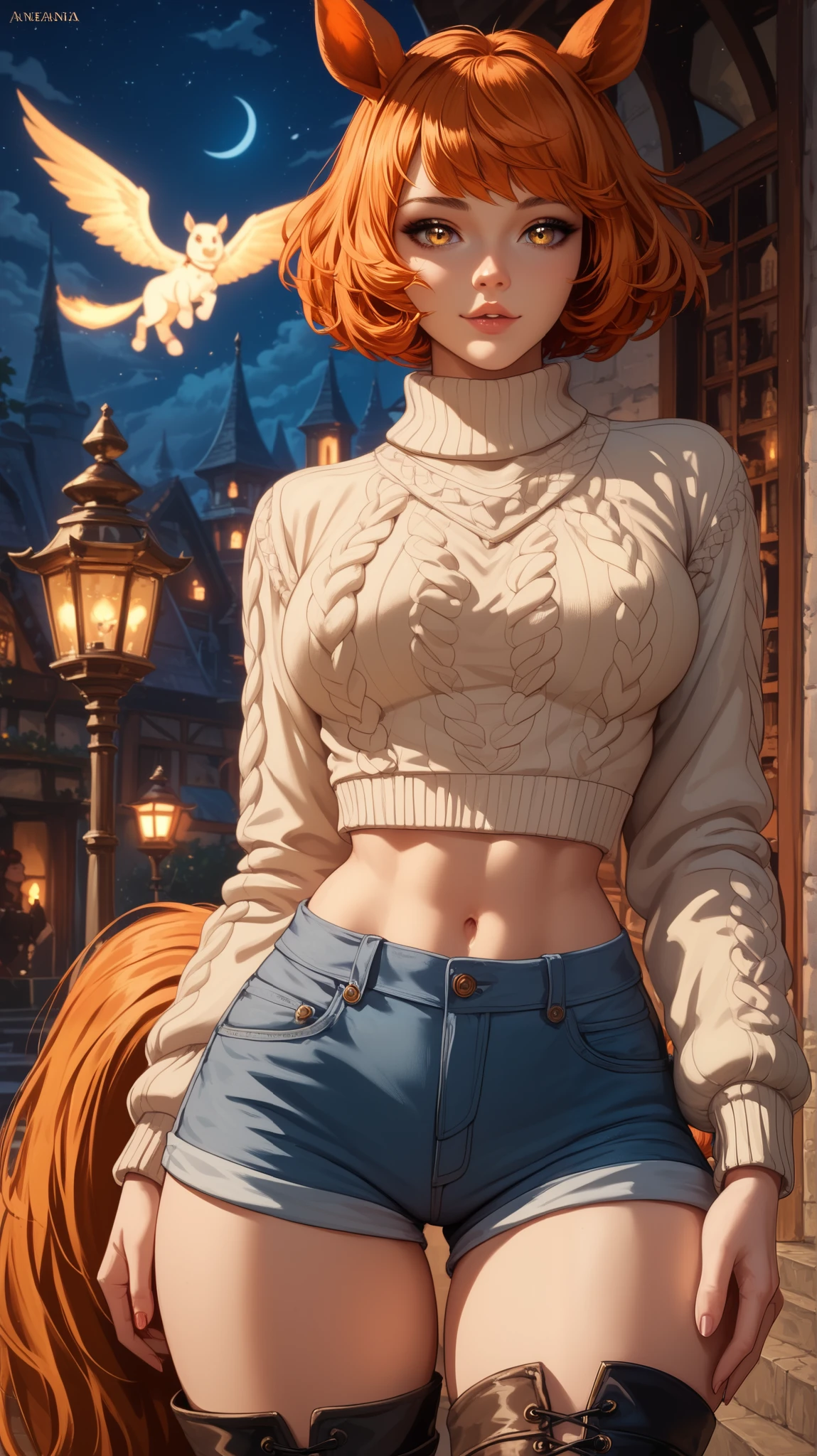 perfect eyes , perfectly sexy face , extremely detailed, sweater looking at the viewer, golden eyes, short hair, orange hair, wide hips, animal ear, horse ears , tail, shorts, thigh boots, short top, apenas_shoulder, Fantasy, night, standing,
