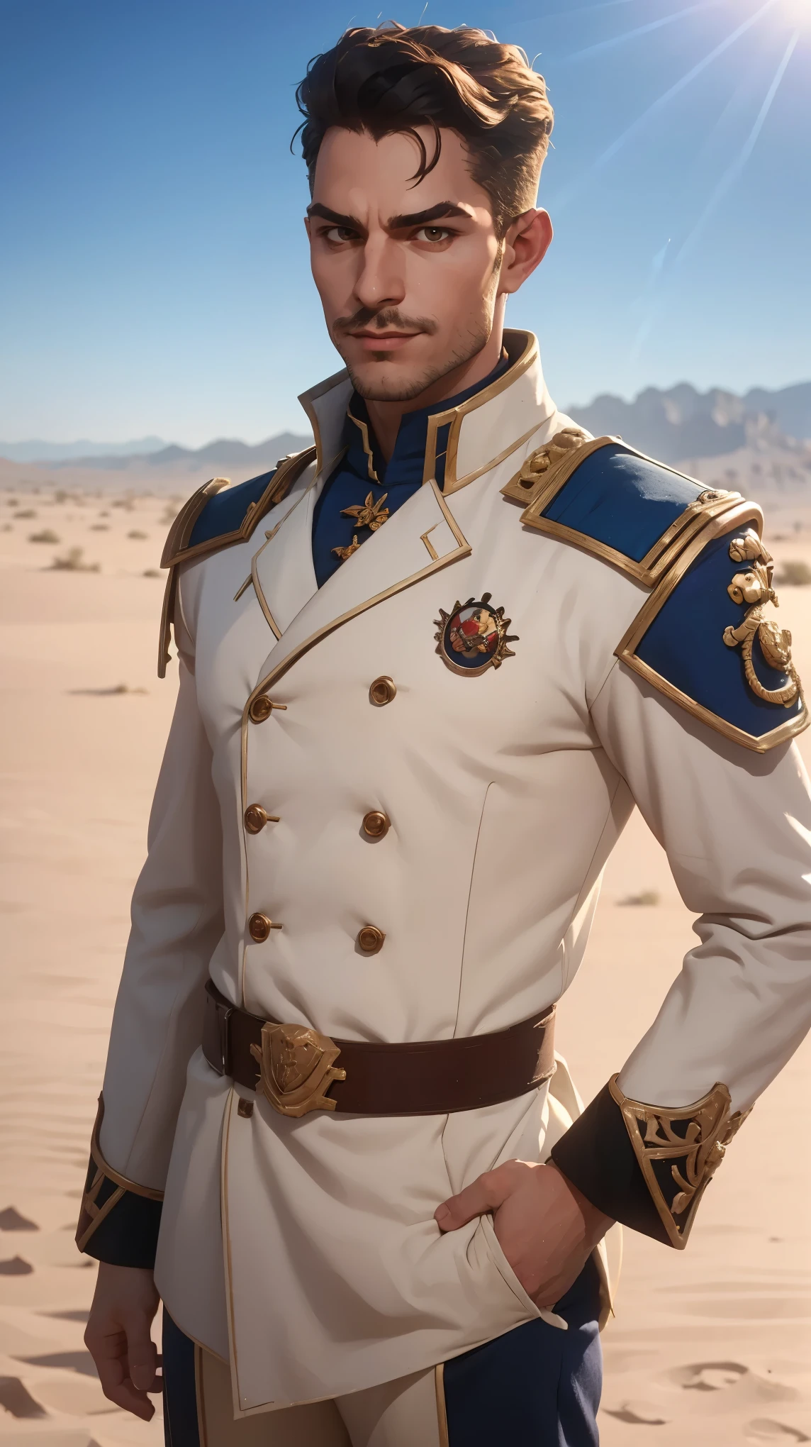 1guy, professional photo of pat32, (wearing blue European hussar outfit, (hussar, pelisse)), perfect brown eyes, upper body shot low lighting, moody, large depth of field, warhammer 40k, deep depth of field, highly detailed, warhammer_40k_commissar, (bright, good lighting, bright frontal light), three quarter shot, frontal image, standing in open desert terrain, sun, blue sky, looking to right, (upper body portrait), ((soft light illuminating face)), confident, manly, slight smile