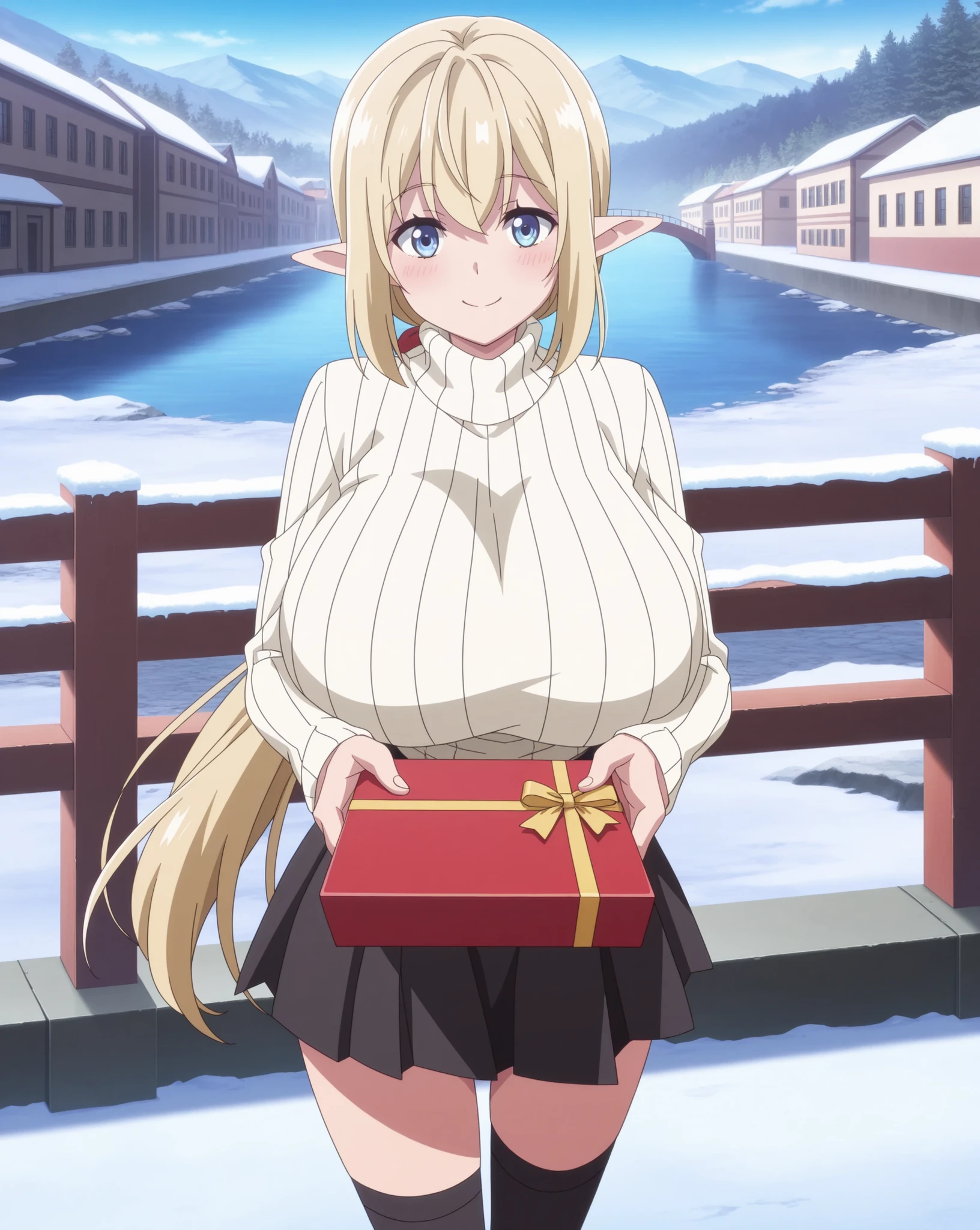 score_9, score_8_up, score_7_up, source_anime, anime coloring, anime screencap, 1 girl, solo, aria (Beheneko), long hair, low ponytail, blonde hair, elf, blue eyes, loving smile, white beautiful skin, gigantic breasts, standing, incoming gift, box, looking at viewer, slim body, long sleeves, ribbed turtleneck beige sweater, pleated black skirt, black thighhighs, outdoors, day, snow, bridge, river, streets