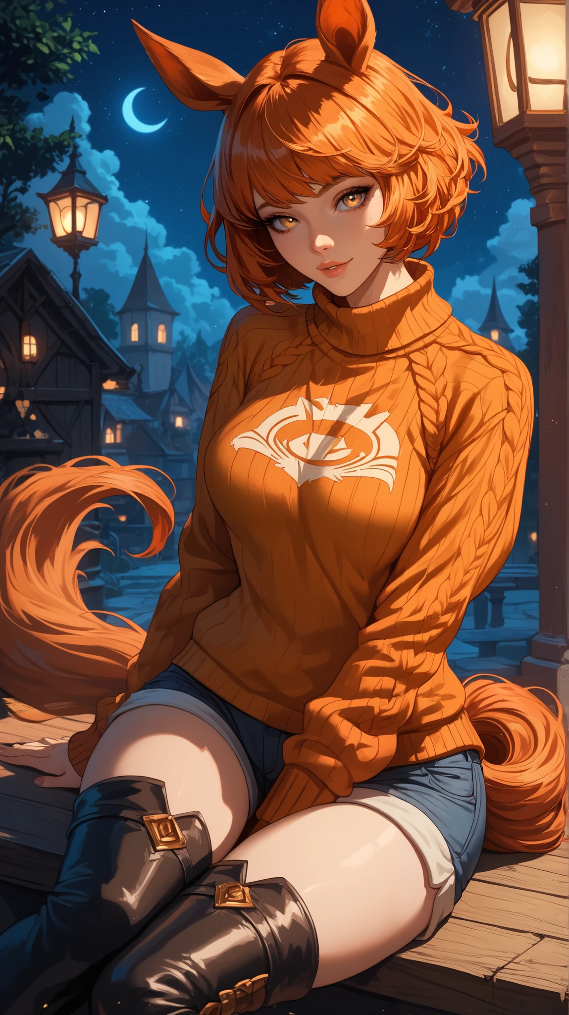 perfect eyes , perfectly sexy face , extremely detailed, sweater looking at the viewer, golden eyes, short hair, orange hair, wide hips, animal ear, horse ears , tail, shorts, thigh boots, short top, apenas_shoulder, Fantasy, night, sitting,