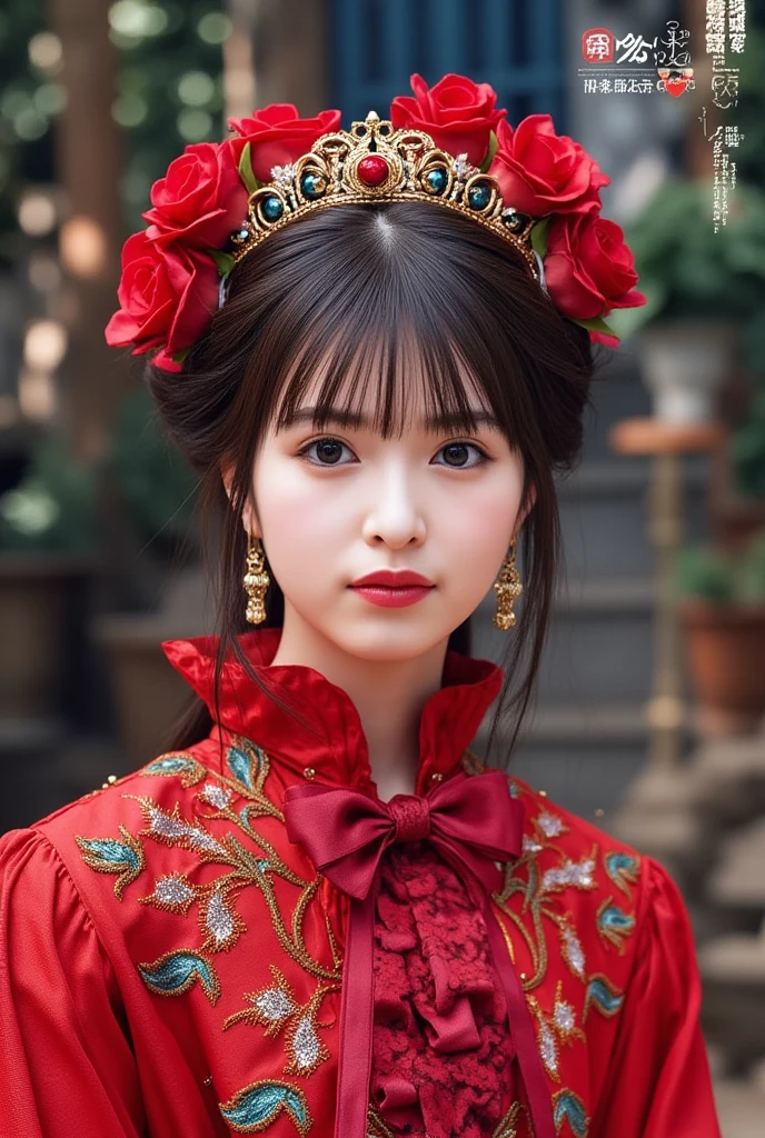 (masterpiece:1.4), (best quality:1.4), ultra high res, ultra high resolution, ((detailed facial features)), HDR, (realistic, photorealistic, photo-realistic:1.37), full body, sexy Indonesian model, (-anime), only 1 model, vivid colors, very short hair, (big smile), lip-gloss, long lashes, defined eyebrows, wearing large sparkling colorful jewelery, wearing a red silk Paradise Kiss cosplay dress with black floral embroidery, ((long fur vivid colors outfit)), vivid colors, look at the camera, cinematic light, large park background with trees, sweet and sexy pose