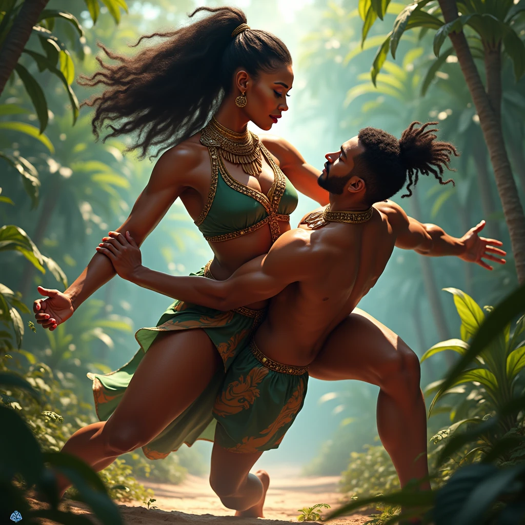 Deux joueurs de capoeira, ils sont noirs, il y a un joueur de tambour. Digital art, graphisme réaliste. La scène se passe dans la caraïbe le soir, au clair de lune