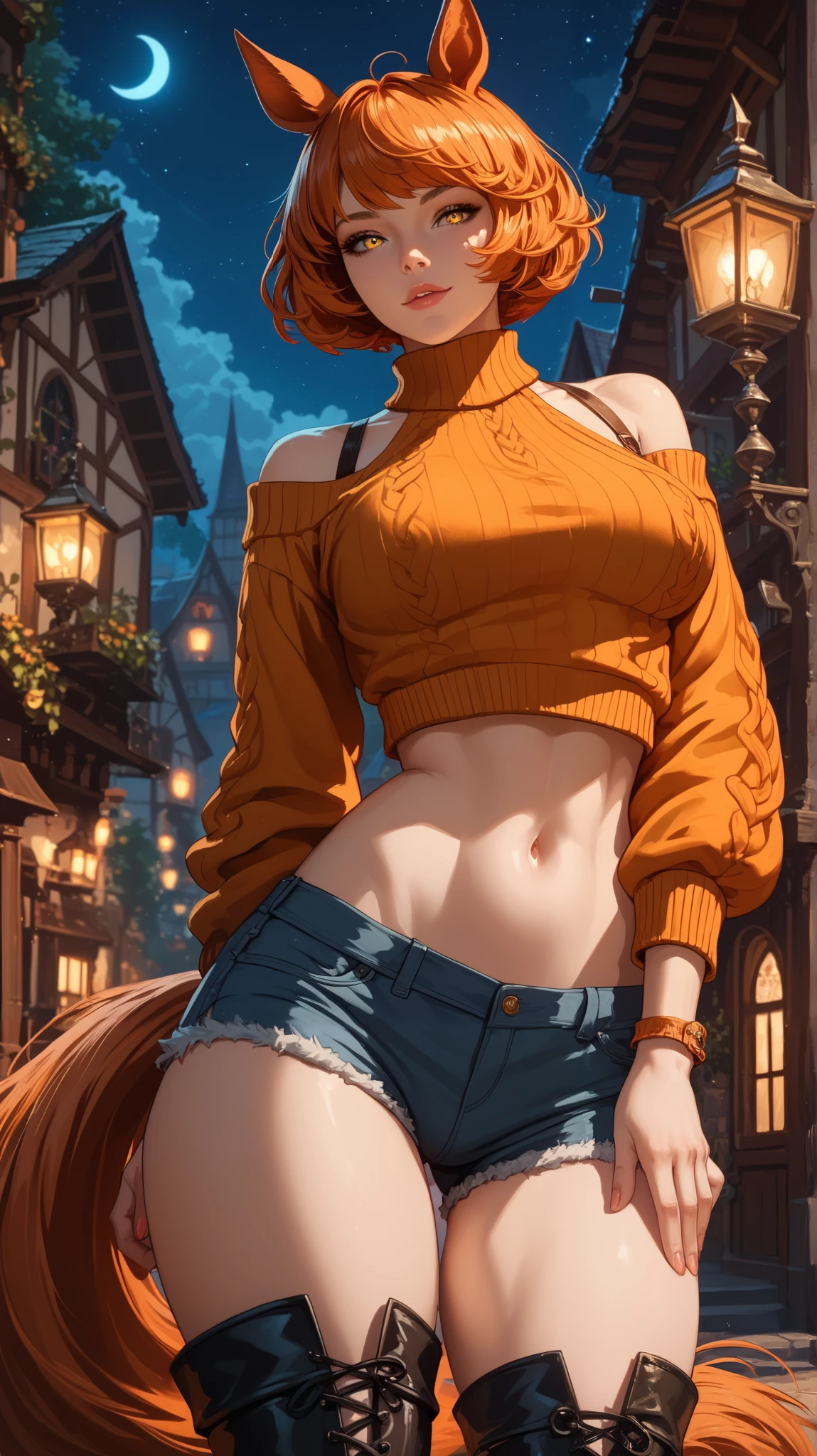 perfect eyes , perfectly sexy face , extremely detailed, sweater looking at the viewer, golden eyes, short hair, orange hair, wide hips, animal ear, horse ears , tail, shorts, thigh boots, short top, apenas_shoulder, Fantasy, night, standing,