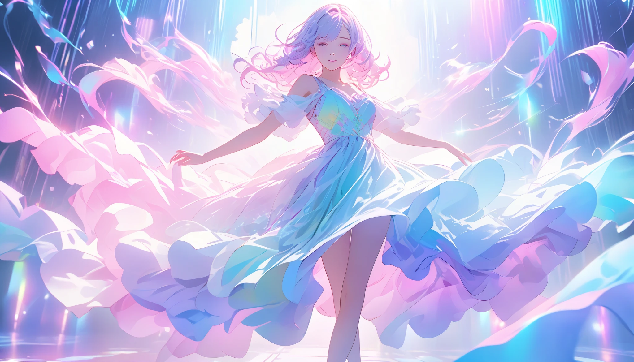 Cinematic style, 4K, soft pastel colors, dreamy atmosphere:
A sudden shift into a vibrant, neon-lit stage with swirling smoke and pastel
spotlights. The woman appears in flowing, lightweight fabric that moves gracefully as
she dances or lip-syncs, surrounded by holographic light effects. The environment
feels like a fantasy stage—pink, purple, and blue neon shades blending to create a
surreal, uplifting mood.