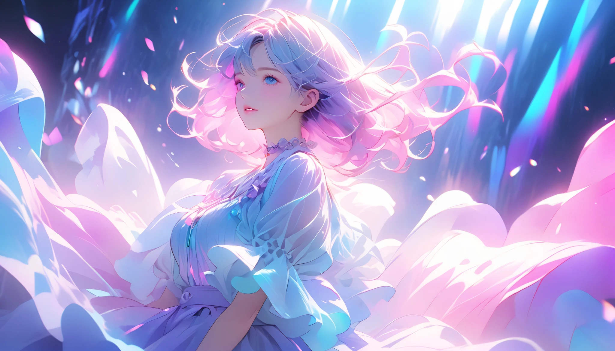 Cinematic style, 4K, soft pastel colors, dreamy atmosphere:
A sudden shift into a vibrant, neon-lit stage with swirling smoke and pastel
spotlights. The woman appears in flowing, lightweight fabric that moves gracefully as
she dances or lip-syncs, surrounded by holographic light effects. The environment
feels like a fantasy stage—pink, purple, and blue neon shades blending to create a
surreal, uplifting mood.
