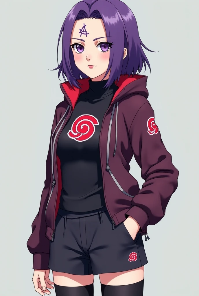 Girl, 17 years old, black hair, Short hair, black eyes, black strapless jumpsuit, black Uchiha coat, appearance of Boru's Sarada Uchiha