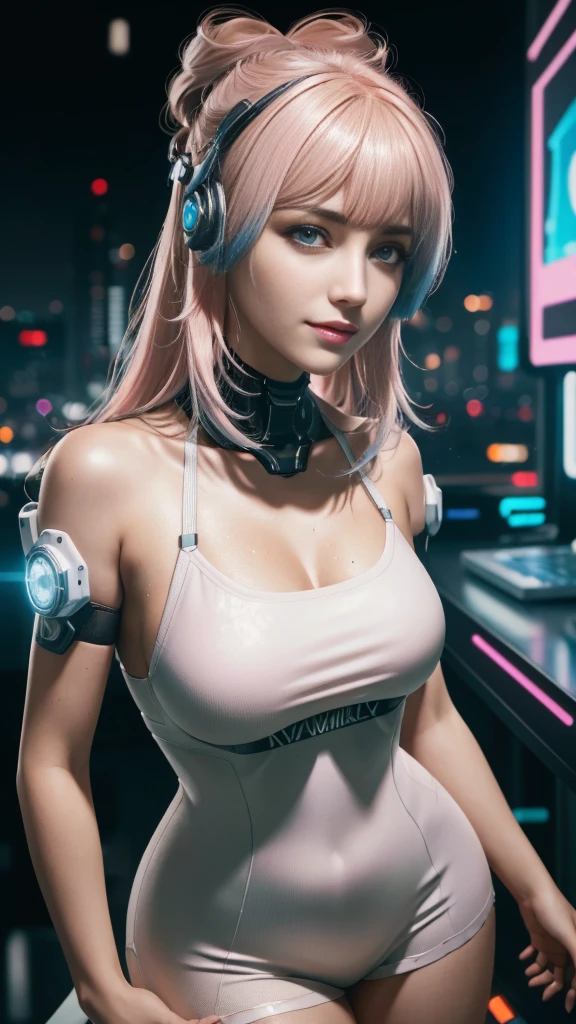 nsfw, 1girl, cyberpunk, mecha amor, (masterpiece: 1.4), (8K, realistic, raw photo, best quality: 1.4), nipple areola shape clear, nude, standing, Japanese girl, view from below, bottom view, beautiful cute face, (real face: 1.4), perfect pussy, beautiful hairstyle, realistic blue eyes, beautiful detail eyes, (real skin: 1.3), beautiful skin, attractive, ultra high resolution, ultra realistic, off-sheller, night view, shiny moon, post apocalyptic world, cinematic lighting, white colored hair, long hair, twin ponytails, blue ribbons, gun in hands, alien spaceship, futuristic fantasy