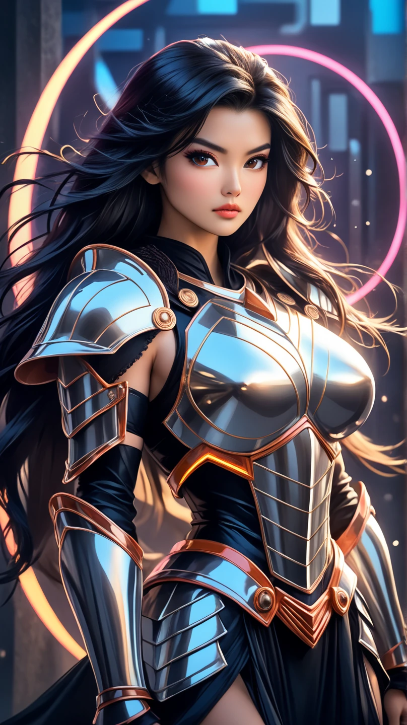 super high saturation（tmasterpiece）， fully body photo，（best qualtiy），An 18-year-old woman、（1girll），superwide shot， sface focus，  Wearing shiny armor， Sexy lingerie type armor，Navel Ejection，Exposing the waistline，Exposing thighs，Cool pose， Saint Seiya's Armor，Arrange into intricate décor、Aquarius、Aquarius、 long hair flowing with the wind，high detal, Anime style, Cinematic lighting, Armor shines, Ray traching, film grains, hyper HD, textured skint, super detailing, anatomical correct, hight resolution，super high saturation，highly contrast，High-gloss armor，slick skin，Delicately reproduce realistic skin texture in every detail、Realistic muscle expression，Long straight hair with red highlights on black hair、sharp eye、Staring at me、Red Eyes、Red Eyeliner、long lashes、buttle、Aurora Background