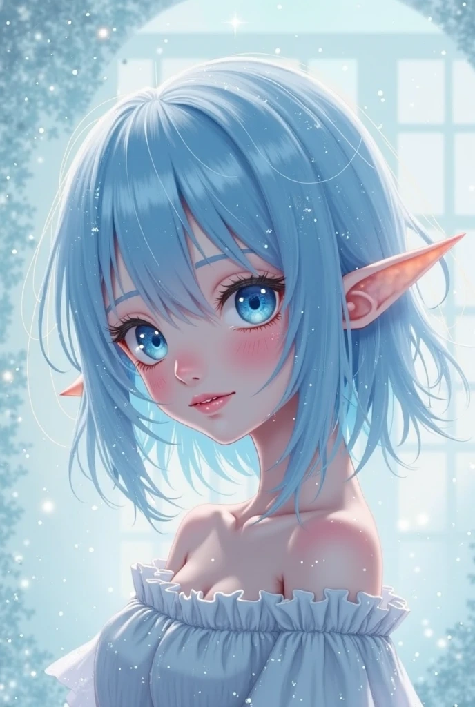 16K、work of art、High definition、high resolution、((young elf))、((Beautiful white skin))、breasts small、((loira linda))、Bobcut、((gorgeous blue eyes))、((narrowed eyes))、((pointy ears))、shy face、blush、Facial expression of orgasm、scream out、pink lip gloss、big areola、niplles、sweating profusely、shining skin、((room at night))、poorly lit room、Built-in light、Look up at me、((close-up of the upper body))