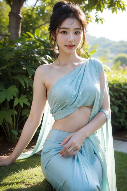 Onoff, Japan woman wearing saree, RAW photo, long shot portrait photo of cute girl, smile, saree, slim body (lust), slim body (sea background), (high detail skin: 1.2), 8k UHD, DSLR, soft lighting, high quality, film grain, fujifilm XT3