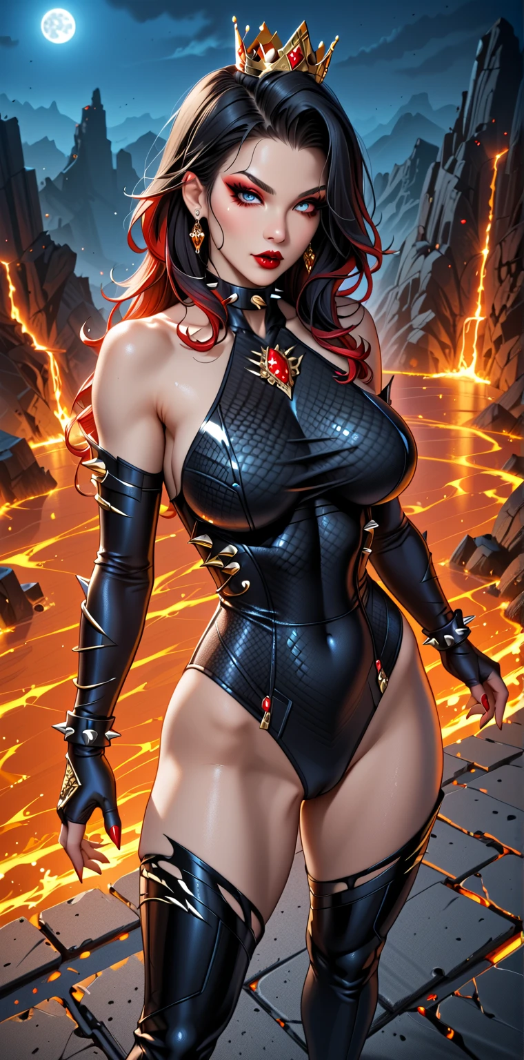 (masterpiece, top quality, best quality, official art, beautiful and aesthetic:1.2), (1girl:1.3), (masane amaha), ((witchblade)), (red hair), extremely detailed, portrait, long hair, looking at viewer, solo, (full body:0.6), detailed background, close up, yellow eyes, (cool space ship theme:1.1), (((beautiful skin, clawed fingers))), charlatan, sinister smirk, mysterious, in a spaceship, (witchblade armor), black leather, long boots, collar, sleeveless, black latex, ((((large breasts, cleavage, skindentation)))), slim waist, slim hips, long legs, futuristic background, dark mysterious lighting, shadows, magical atmosphere, dutch angle, (Aletta ocean face)