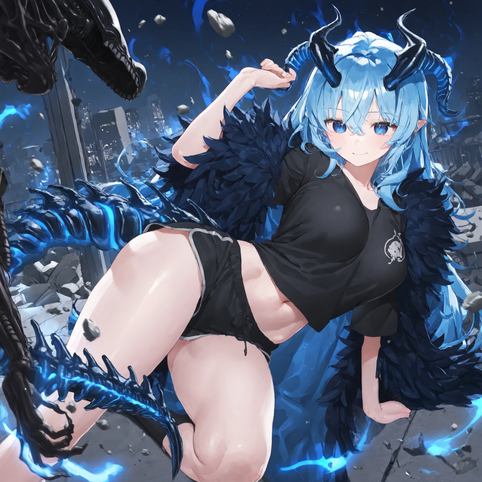 profile background, anime girl, serious face, fringe, short white hair, eyes purple, martial arts clothing, high-res portrait, detailed eyes and face, character, fantasy, with a blue dragon behind, advanced urban, looking from behind at viewer, 4K, high resolution