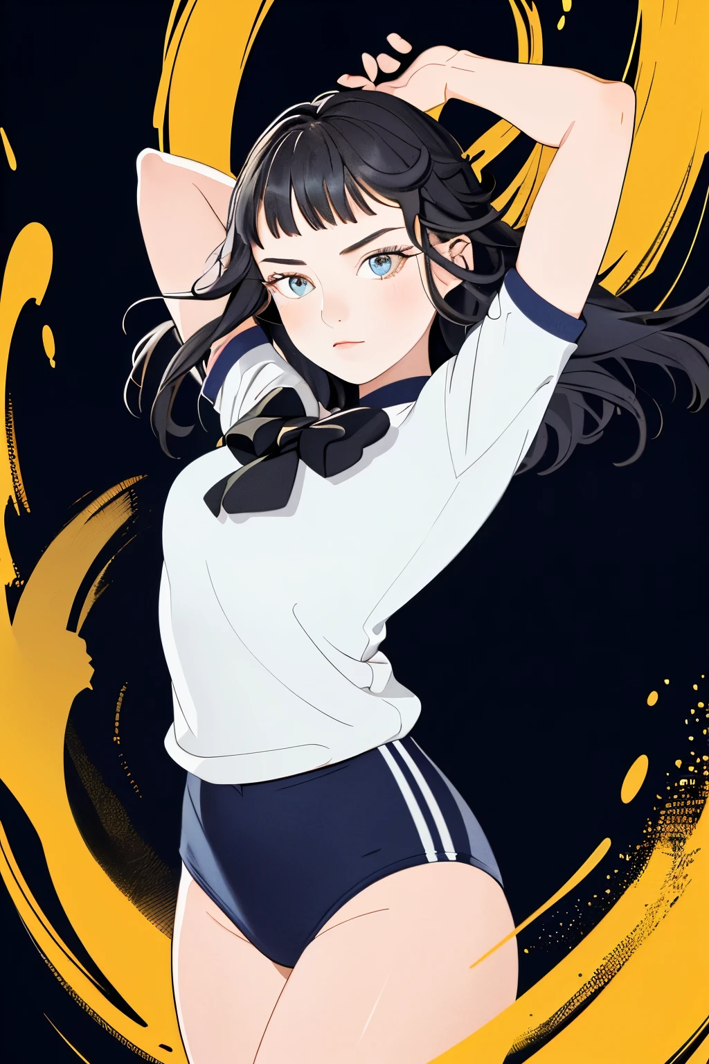 In a (masterpiece) of the (highest quality), an (ultra-detailed) illustration comes to life. The artwork features (1girl), standing ()wearing a Black gymnastics bloomers, High leg、white blouse, cowboy shot、 with a confident stance, while (). Against a (simple background), her (beautifully detailed eyes) steal the spotlight, exuding charm and depth. With (flawless beauty) and a vibrant color palette, the artwork is (highly saturated), creating a captivating visual experience. Colorful splashes and a floating bubble add a touch of whimsy, while a (bright) glow accentuates the focus on her face. The attention to detail in this illustration is truly (remarkable).wearing a Black gymnastics bloomers, High leg、white blouse, cowboy shot、