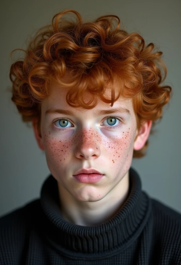 Pale boy with freckles, blonde orange hair, mushroom cut, light eyes, fine rostrum