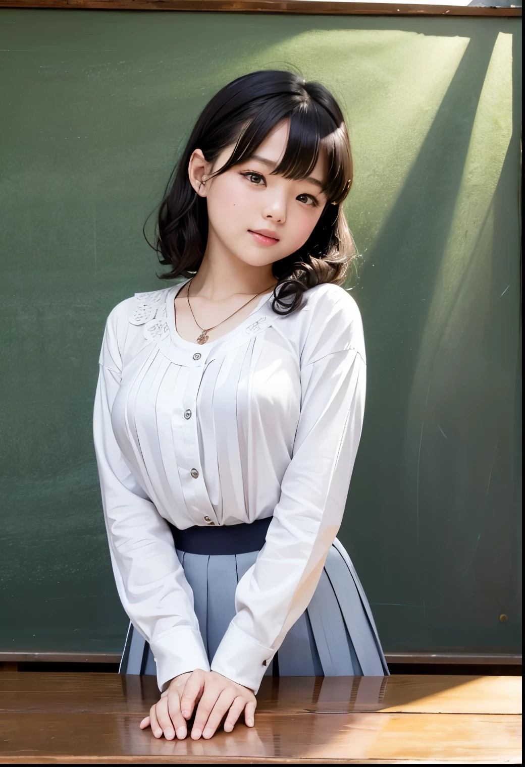 ( Highest quality, masterpiece:1.3, Ultra High Definition),( very well detailed、 caustics) ( exists:1.4, RAW shooting、)Ultra- exists Capture、 very well detailed、 The natural skin texture of the、stands out on the pale blue background 、 masterpiece、( Japanese wearing a blouse and pleated skirt:1.3)、 adorable expression 、Expressions of joy、、: 、baby face、 innocent giingly cute、the blackboard with the tip of the nipple 、 curly hair 、ribbons、 black hair、 Big Breasts、 Glowing Thighs、Shining Ass、 necklaces、On the lakeside in the shade of trees、Background details、smile、 An inviting gaze 、( anatomically accurate)、 cowboy shooting 、 attention to detail 、 lifts her chest from the bottom with both hands 、