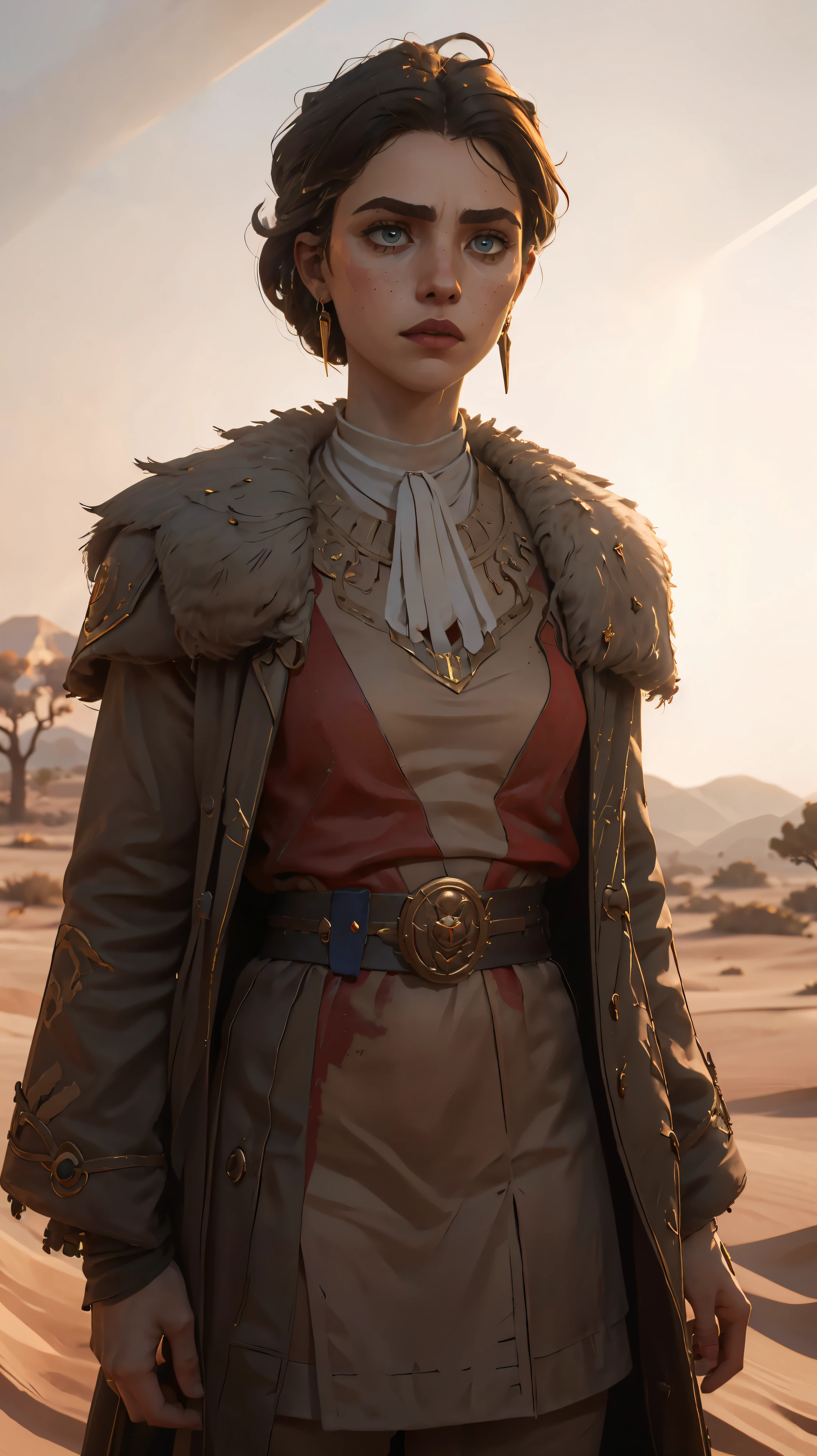 professional photo of Margaret Qualley as an empire administratum noblewoman, marqual, ulrika, perfect eyes, wearing (wearing dirty beige coburn great coat over a red desert travel dress), colorful Shemagh scarf, upper body shot low lighting, moody, large depth of field, warhammer 40k, deep depth of field, highly detailed, plain white background, (bright, good lighting, bright frontal light), three quarter shot, frontal image, standing in open desert terrain, looking to right, (upper body portrait), si-fi communication device on belt and lasgun on hip, ((soft light illuminating face))