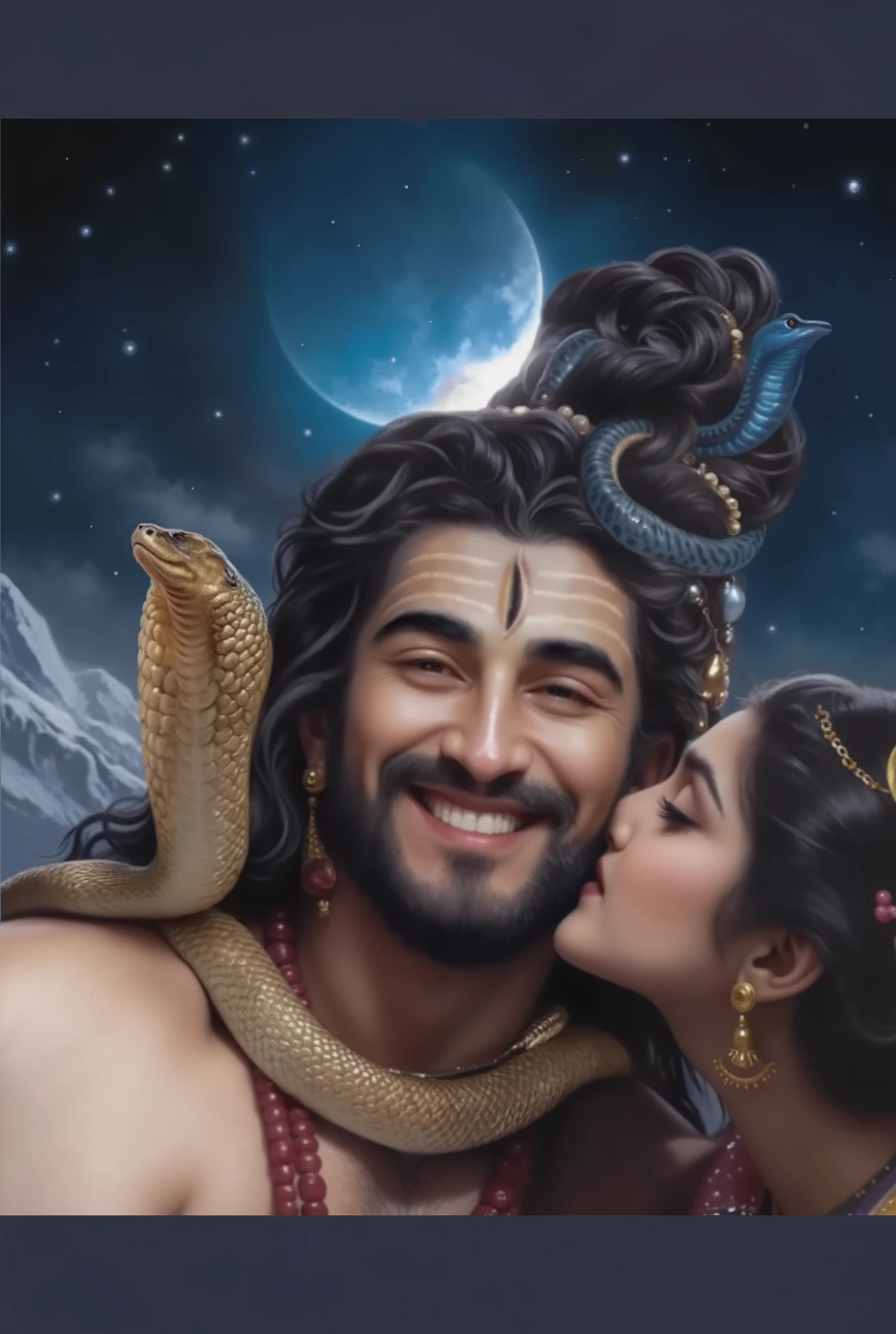 A highly detailed, realistic classical oil painting close-up of actor Ramvardhan as Lord Shiva and Goddess Parvati in a divine and romantic moment. Lord Shiva, depicted as a handsome Indian deity, has a radiant, joyful smile, deep expressive eyes, and a well-groomed beard. His forehead features a striking third eye and elegant white tilak lines. His thick, wavy hair is tied in a grand, voluminous bun adorned with delicate pearl beads, rudraksha beads, and entwined with two sacred serpents—a golden cobra resting on his shoulder and a striking blue cobra elegantly coiled within his hair. A glowing crescent moon is delicately placed on his head, casting a soft luminescence on his hair. His broad, muscular chest is covered in naturally thick, dark body hair, adding a raw, masculine energy to his divine presence. A golden serpent gracefully wraps around his neck and drapes over his chest, its scales reflecting the soft moonlight. His ears are adorned with intricate beads earrings. Madhubala as Goddess Parvati, depicted as a beautiful Indian goddess, leans in intimately to kiss Shiva’s cheek with a tender expression. Her soft, delicate features include kohl-lined eyes, a small red bindi, and golden earrings shaped like traditional temple jewelry. Her dark, wavy hair cascades gracefully, framing her face. She wears an elegant deep-red traditional garment, though it is only partially visible due to the close-up framing. The background is a celestial night sky with a deep blue hue, speckled with twinkling stars. Snow-capped mountain peaks are faintly visible in the distance, adding to the mystical ambiance. The lighting in the painting is warm and soft on the deities faces, contrasting beautifully with the cool, ethereal glow of the background. The artwork features masterful oil painting techniques, with smooth, blended brushstrokes, rich textures, and intricate detailing in skin, jewelry, hair, and divine ornaments