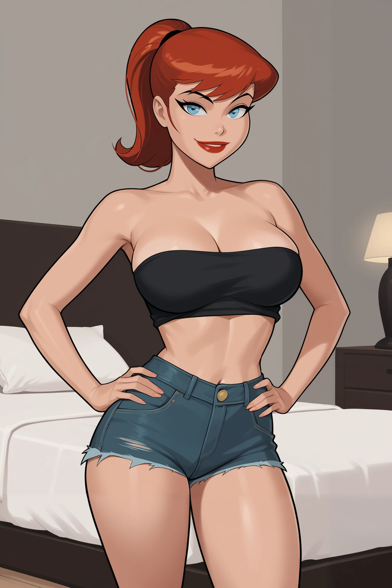 (Masterpiece, Best Quality:1.2),  linda_Flynn-Fletcher, 1 girl, jewelry, earrings, Alone, lipstick, hair band, make up, old, large old, Orange hair, short hair, crossed legs, bikini topless, SMILE, session, outdoor, playa, day, looking at the viewer, Wariza, sky, Closed mouth, blue sky, umbrella, cloud, arena, seiza, playa umbrella