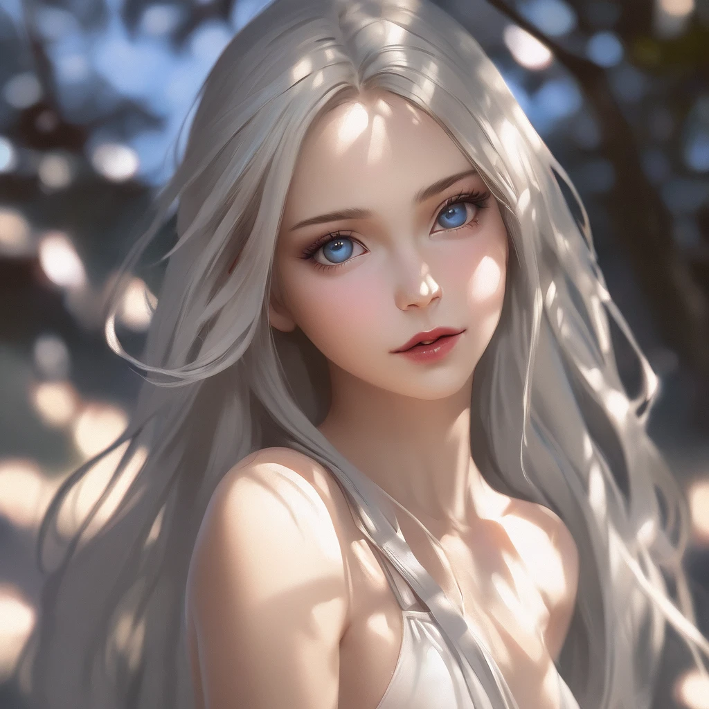 best quality, masterpiece, High resolution, portrait, actual, blue eyes, silver hair,  Large Breasts, 8K resolution, high qualityCG, Beautiful CG, Soft Light, fashion brand image, The Tyndall effect, lifelike, forest, Side lighting, (HD Skin:1.2), 8K超高清, Sexy, high quality, Volumetric lighting, confess, photography, 超High resolution, 8K, Bokeh, Shallow depth of field
