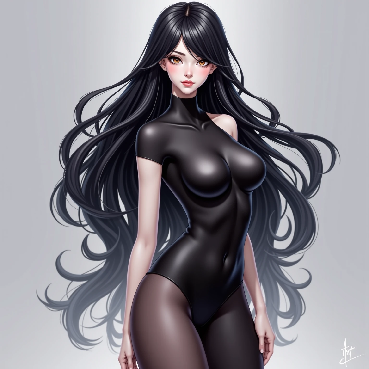 High resolution, Long Hair, blunt bangs,Gaze, Expressionless,One person, tall,Pale skin,Black Hair,Light blue eyes,Light purple lips,Heavy makeup,Large Breasts,Big Ass,Dark blue pantyhose,Black and white leotard,