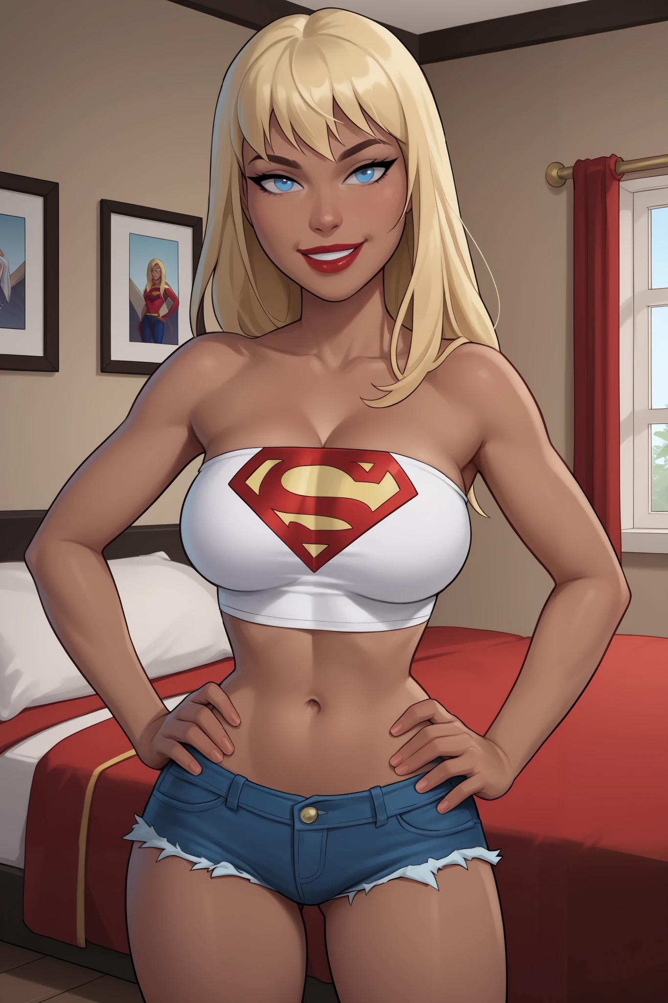 PonyXLV6_Scores BREAK ((parody), perfect anatomy, perfect eyes, cowboy shot) BREAK kara zor-el, straight hair, blonde hair, blue eyes, dark-skinned female, lipstick, red lips, ((looking at viewer)), superhero, white tube top, blue jean shorts, large breasts, curvy, athletic, standing, indoors, smile, closed mouth, bedroom, happy expression, hands on hips, seductive pose