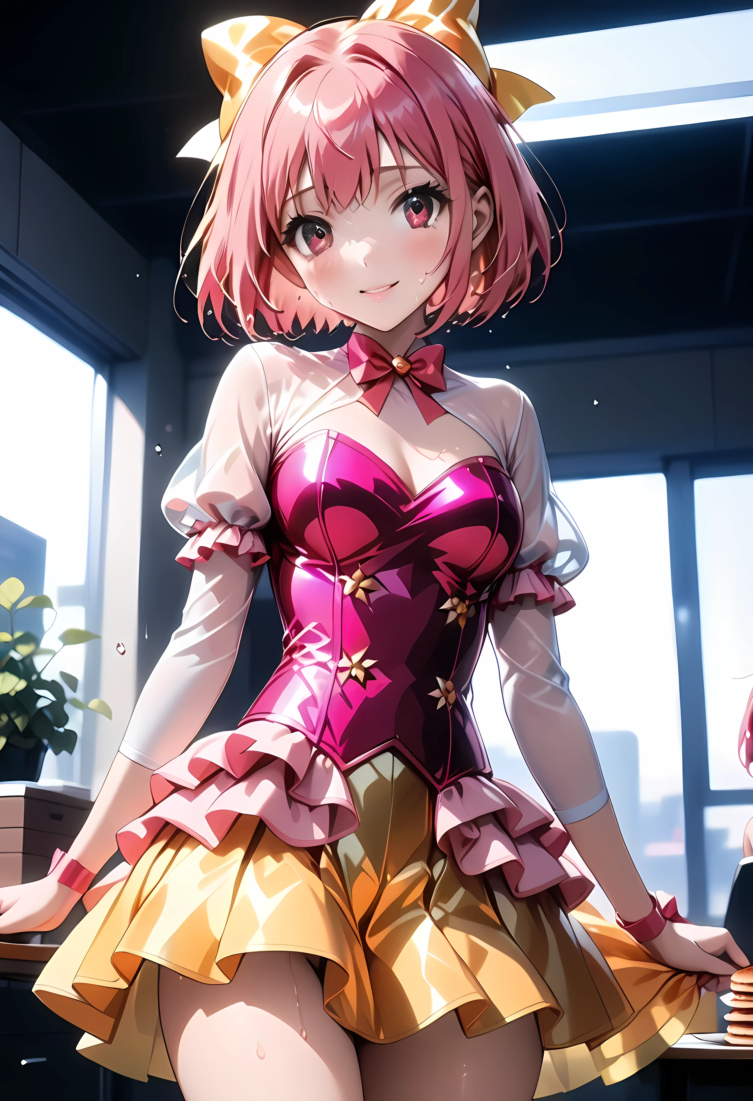 {nakagawa kanon}, {Just a hair bow}, (((Flashy idol costumes silk, skirt))), ( see-through), (( Shining Costumes)), ((skindentation on pancakes)), thin, alone, alone, masterpiece, Highest quality, Highest quality, 16k, very absurd, very detailed, 2.5D, AI-generated, delicate and dynamic, very delicate expression, delicate eye description, erotic, only sexy woman, (( cute and kind face )), Healthy Body , ((1 Adult Female)), Height: 160cm, ((medium firm and swaying chest)), medium breasts, ( short hair), straight hair , (pink hair:1.5), bob cut, pink eye, 腋sweat, sweat, Sweaty, body odor, embarrassing, sexy, ((thin thighs below eyes)), shiny, smile, ((standing)), (( bold and sexy pose)), (cameltoe:0.4), ( in a light blue yukata:0.3), ( erect nipples:0.9), in the office ,