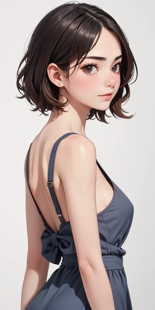 (((masterpiece, best quality, ultra highres, 1 girl, solo, no background))), super detailed skin and face and eyes and finger, beautiful japanese woman, small breasts:1.5, skinny, light brown hair, white background, very short pixie hair, knee shot, Generate with illustrations, Various expressions, Various poses, The background should be simple, with the character positioned centrally, outline, anime, 2d, boyish, expressionless, tiny micro bikini swimsuit, back view,